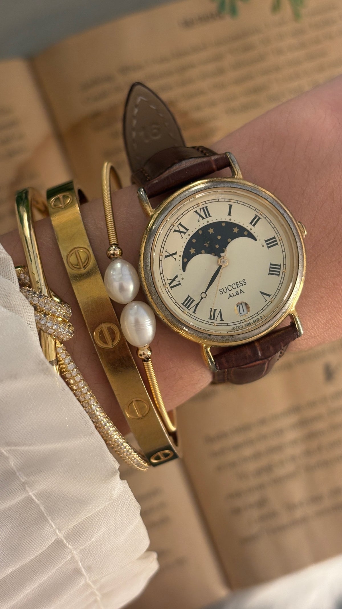 Rare Vintage Success Alba Seiko Moonphase Watch in Gold Tone Brown Leather Quartz