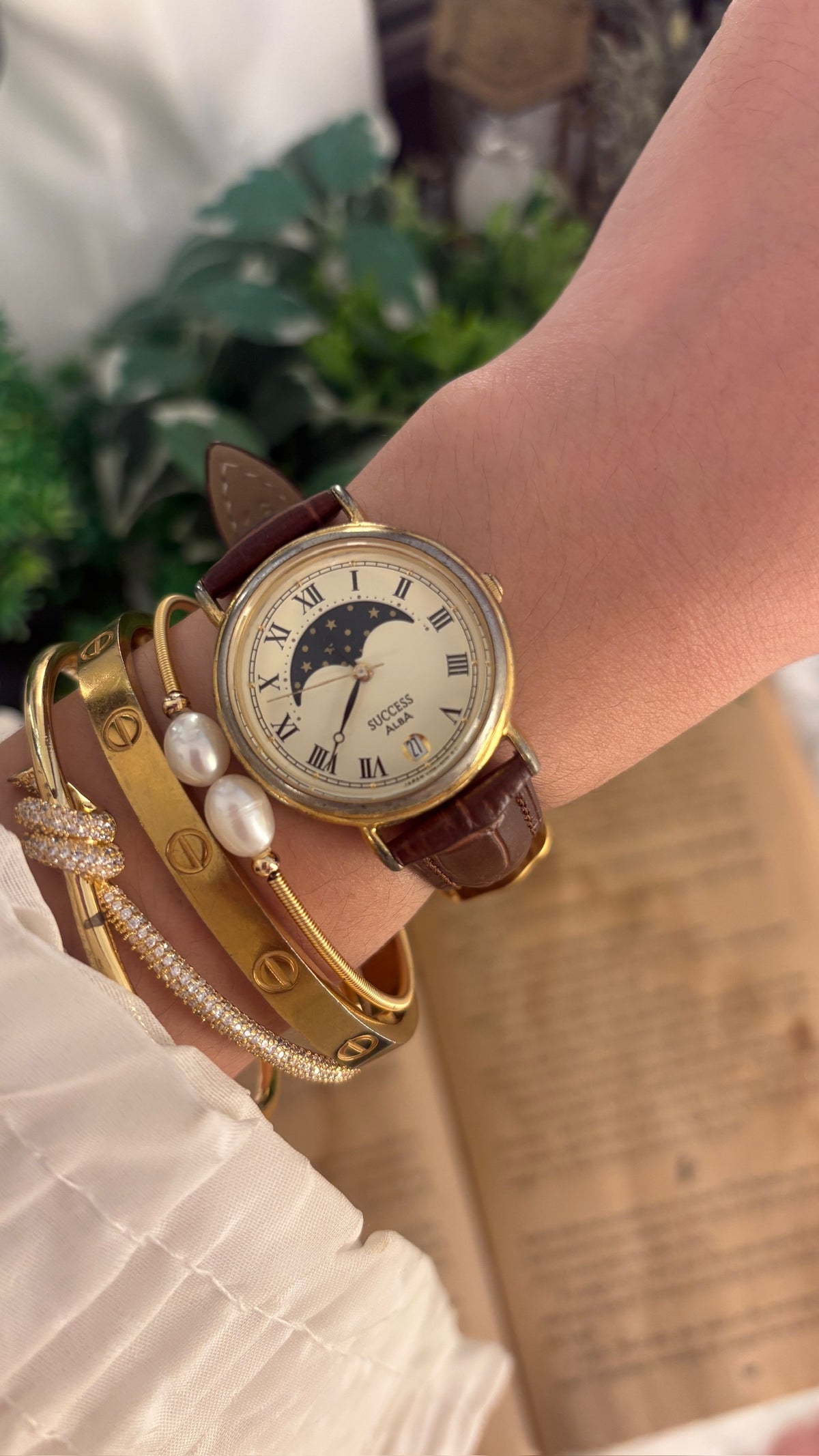 Rare Vintage Success Alba Seiko Moonphase Watch in Gold Tone Brown Leather Quartz