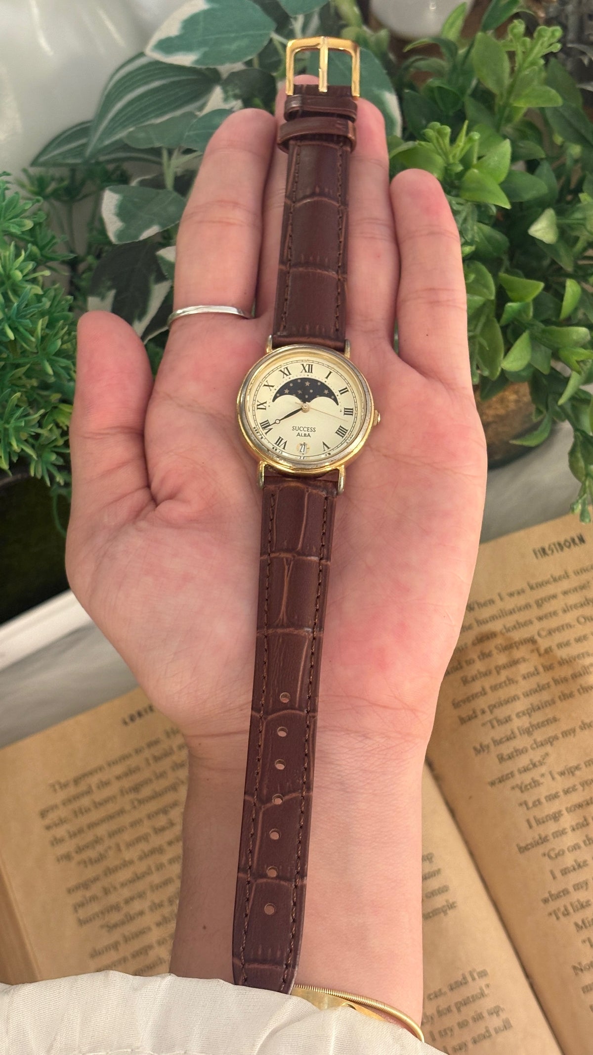 Rare Vintage Success Alba Seiko Moonphase Watch in Gold Tone Brown Leather Quartz