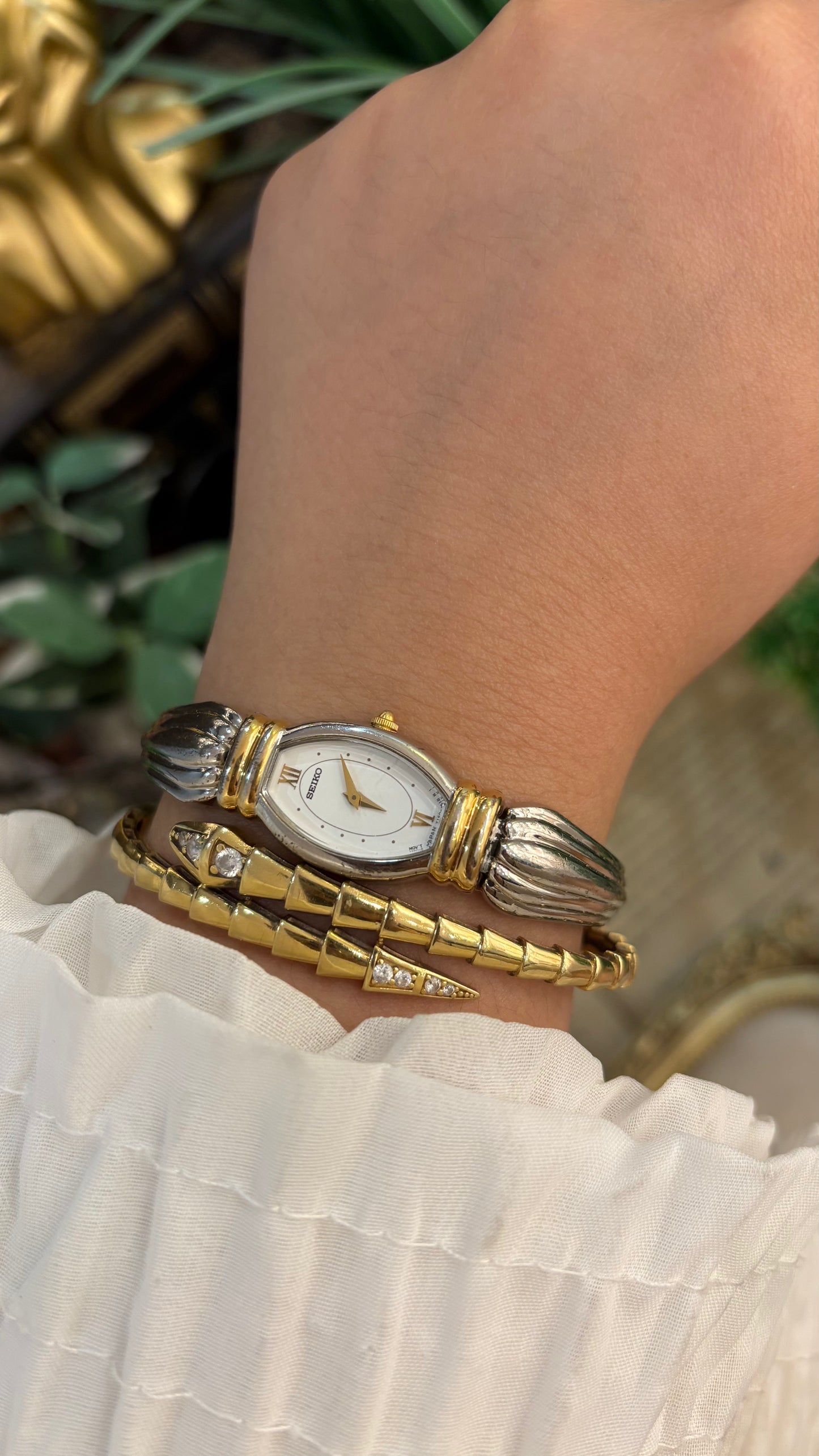 Rare Vintage Dainty Seiko Art Deco Bracelet Bangle Watch in Two-Tone Quartz