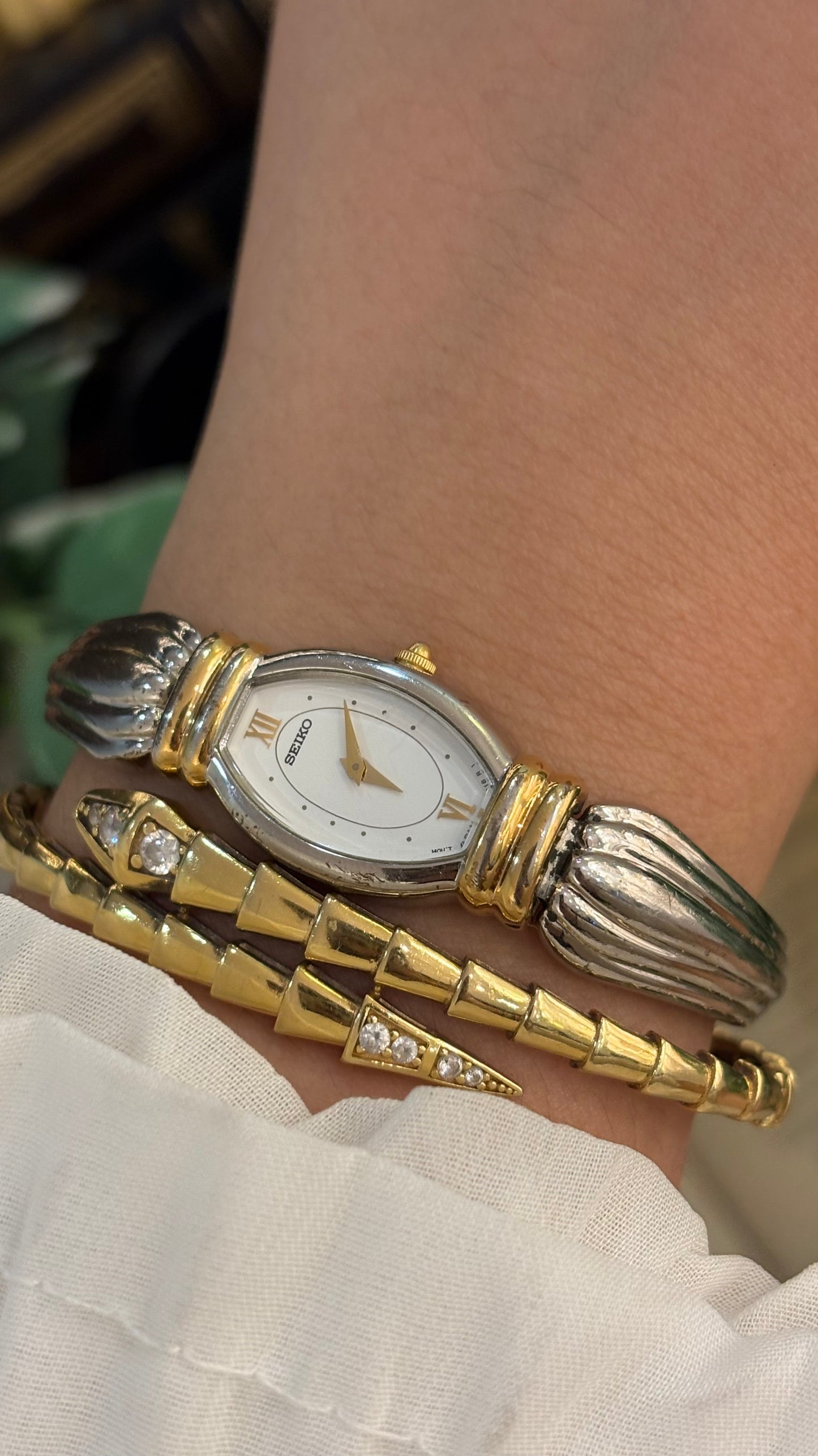 Rare Vintage Dainty Seiko Art Deco Bracelet Bangle Watch in Two-Tone Quartz