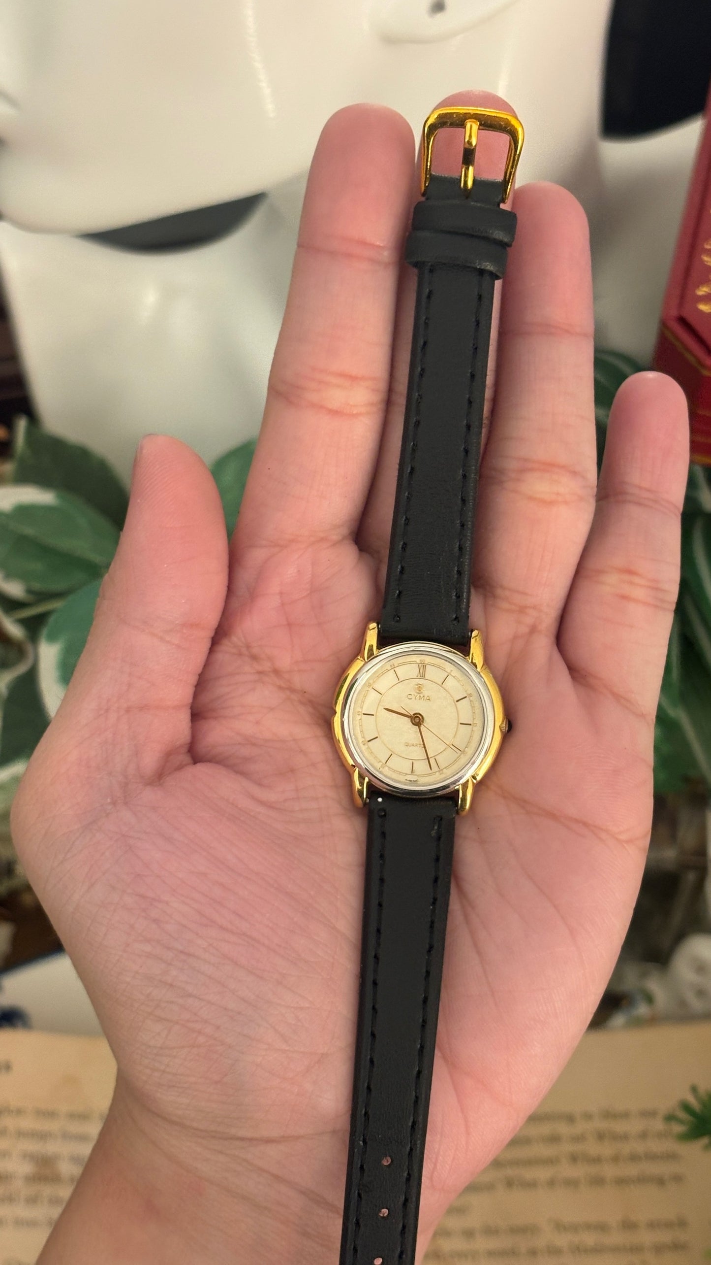 Rare Vintage Cyma Swiss Roman Dial Watch in Two-Tone Black Leather Quartz