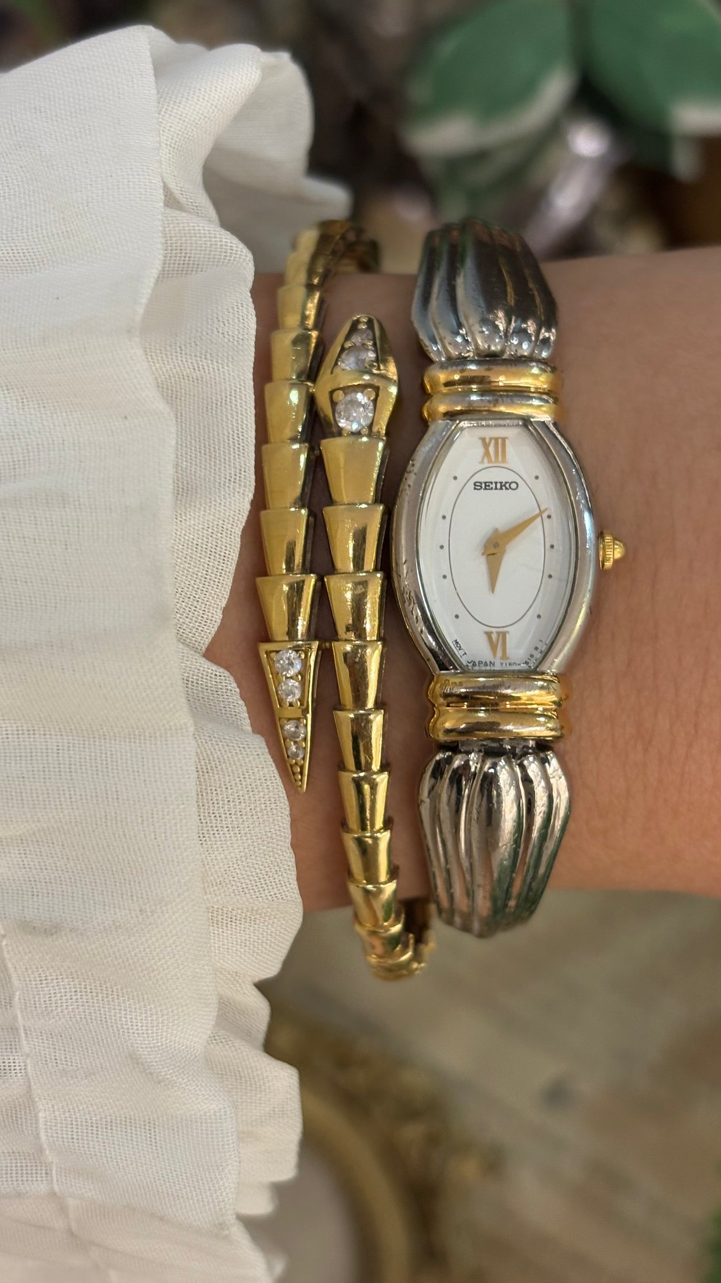 Rare Vintage Dainty Seiko Art Deco Bracelet Bangle Watch in Two-Tone Quartz