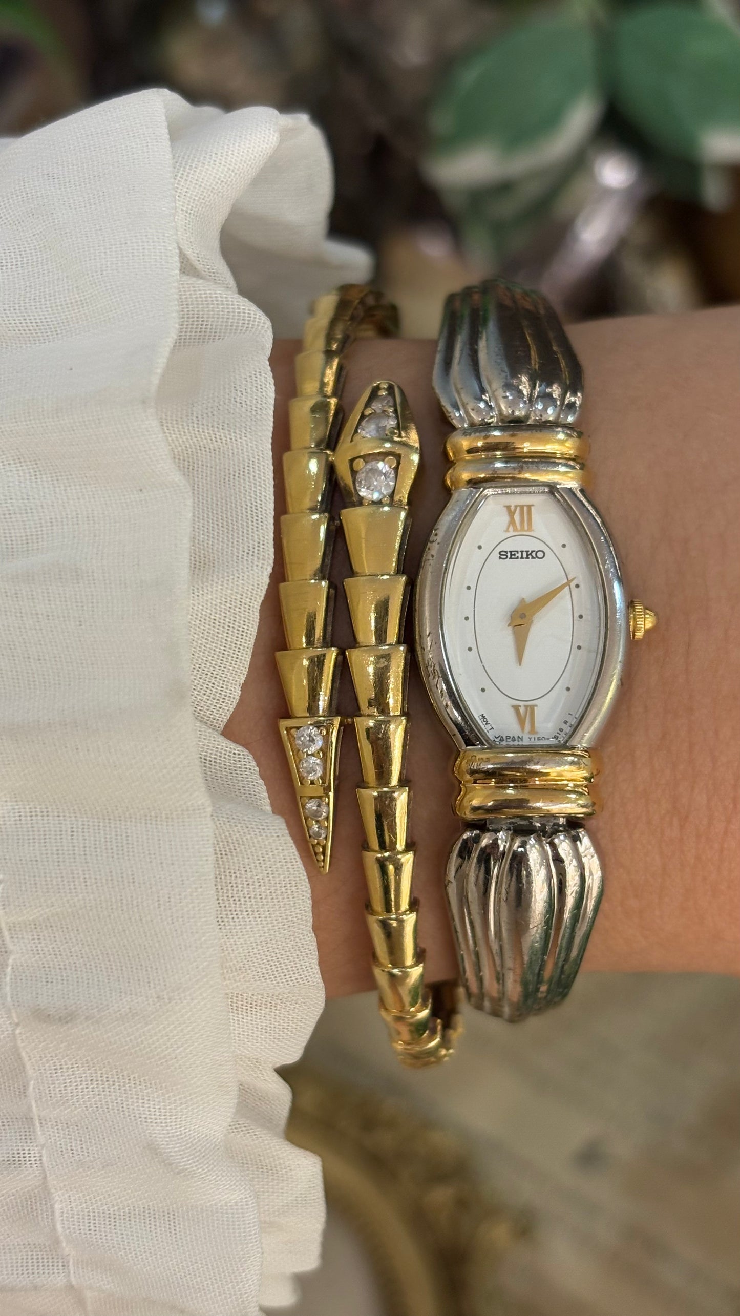 Rare Vintage Dainty Seiko Art Deco Bracelet Bangle Watch in Two-Tone Quartz