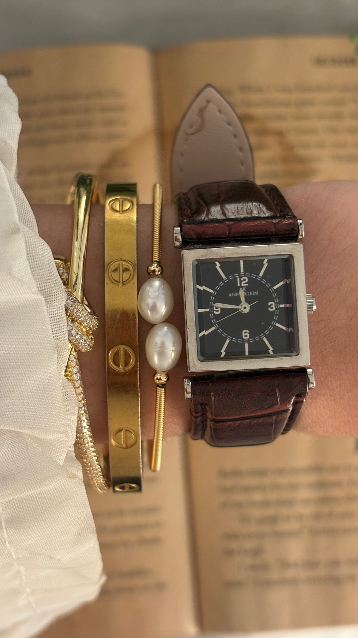 Vintage Anne Klein Black Square Dial Watch in Silver Tone Brown Leather Quartz