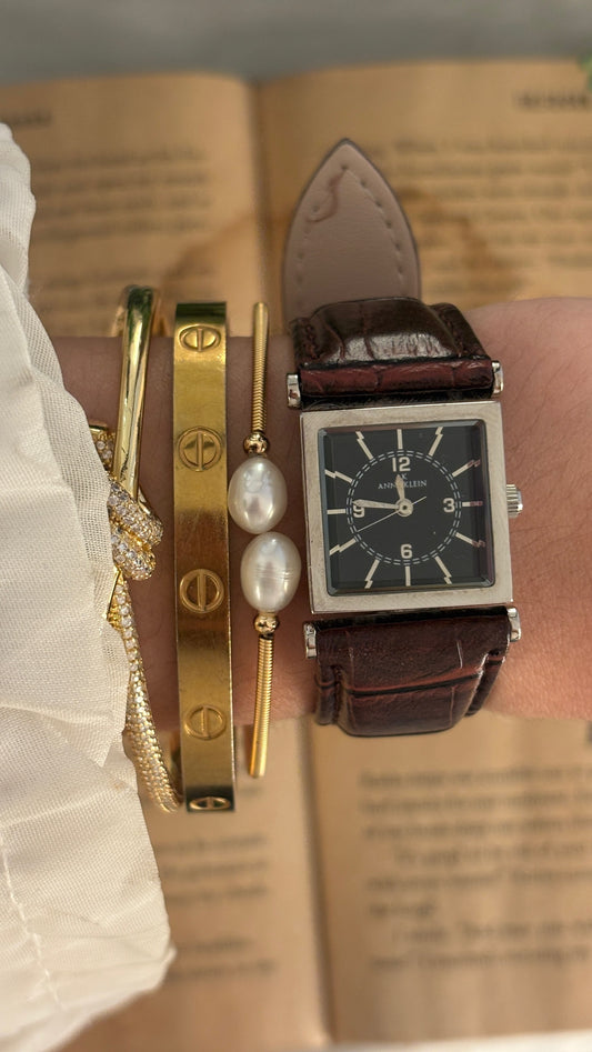 Vintage Anne Klein Black Square Dial Watch in Silver Tone Brown Leather Quartz
