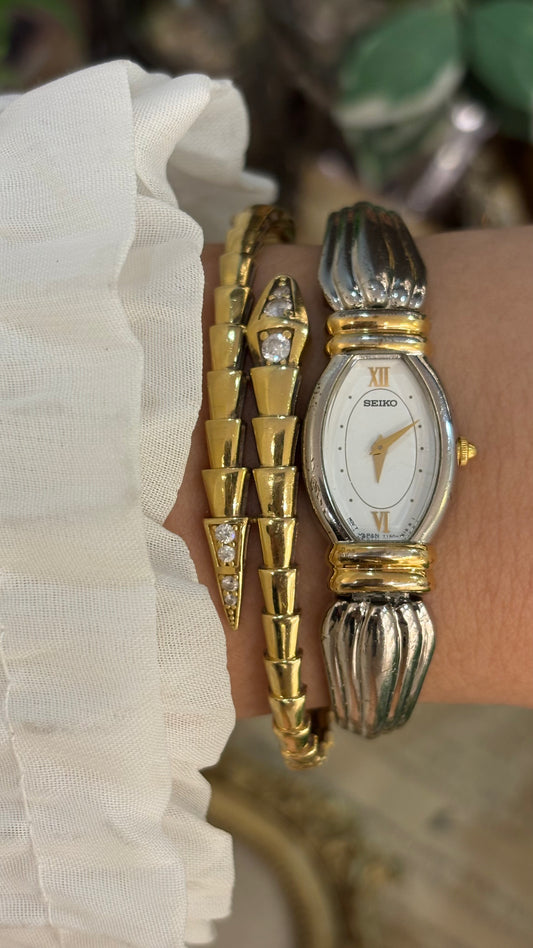 Rare Vintage Dainty Seiko Art Deco Bracelet Bangle Watch in Two-Tone Quartz