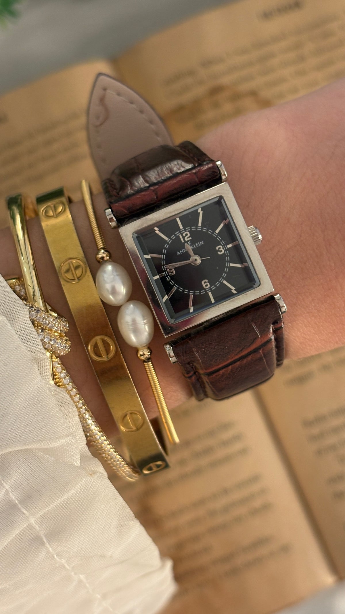 Vintage Anne Klein Black Square Dial Watch in Silver Tone Brown Leather Quartz