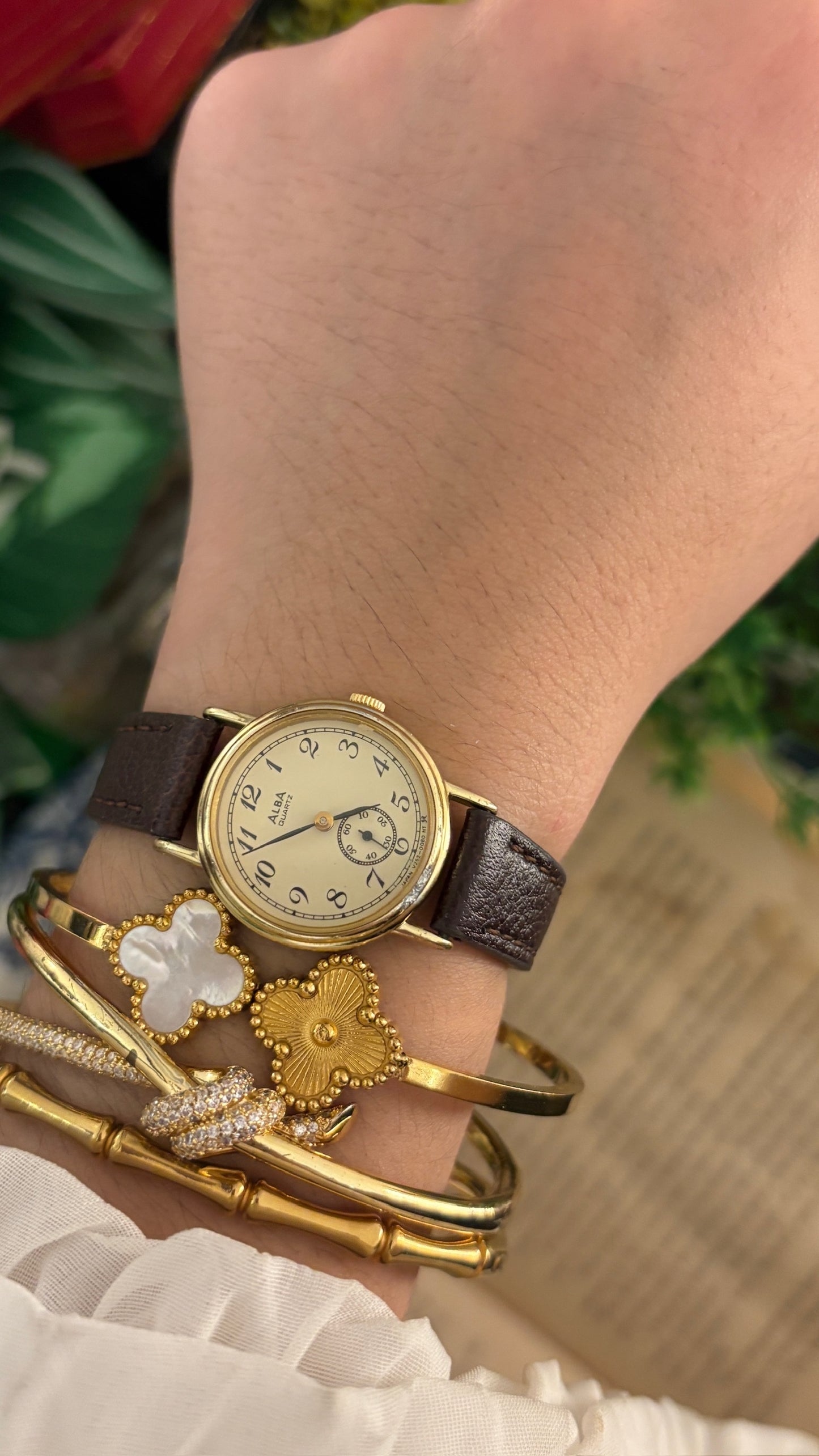 Rare Vintage Seiko Alba Dual Chrono Seconds Watch in Gold Tone Brown Leather Quartz
