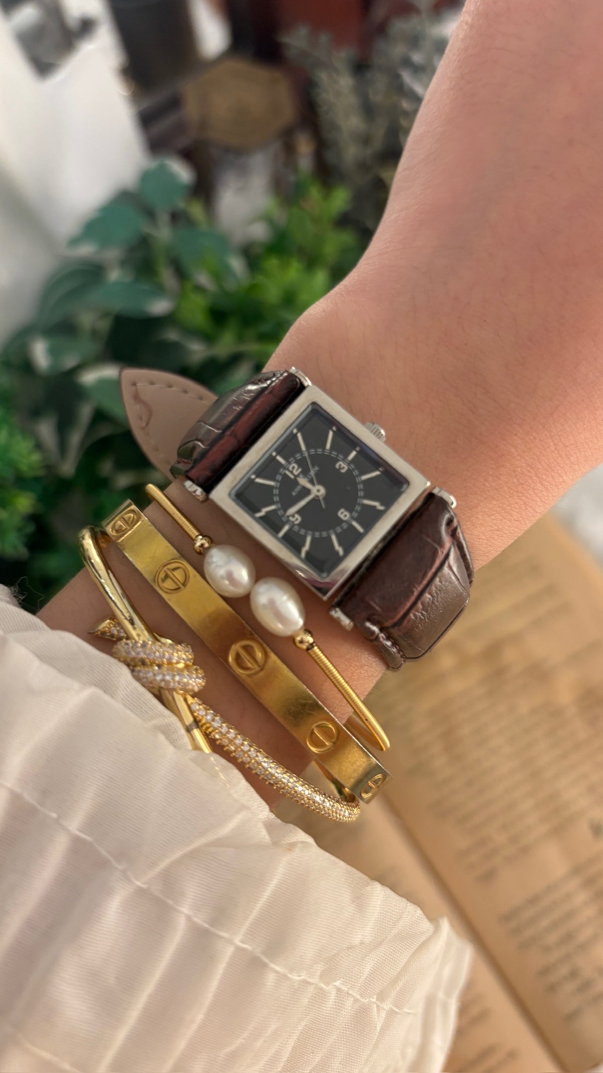 Vintage Anne Klein Black Square Dial Watch in Silver Tone Brown Leather Quartz