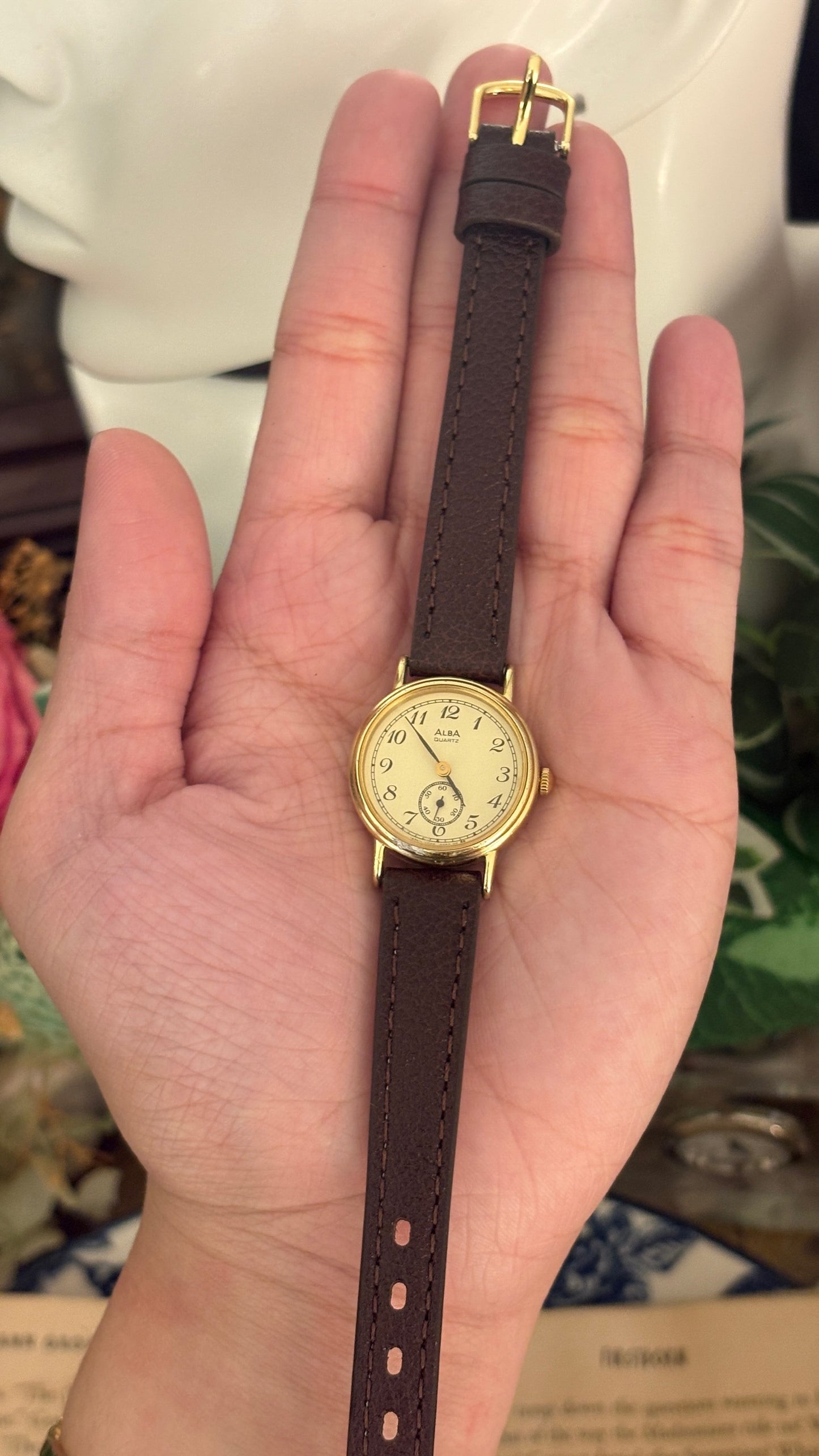 Rare Vintage Seiko Alba Dual Chrono Seconds Watch in Gold Tone Brown Leather Quartz