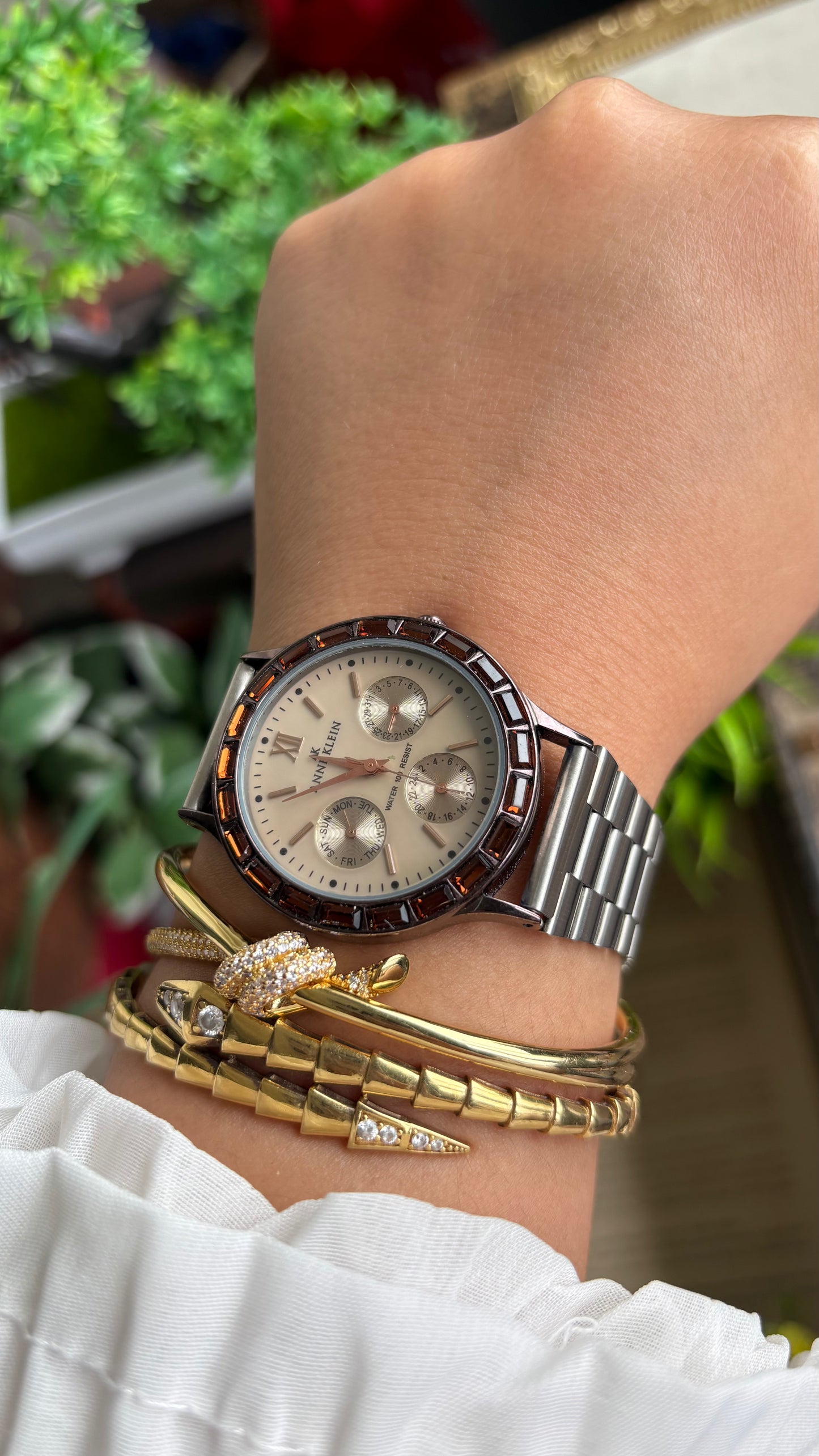 Vintage Anne Klein Bejeweled Watch in Silver Tone Display Chrono Pearl Dial