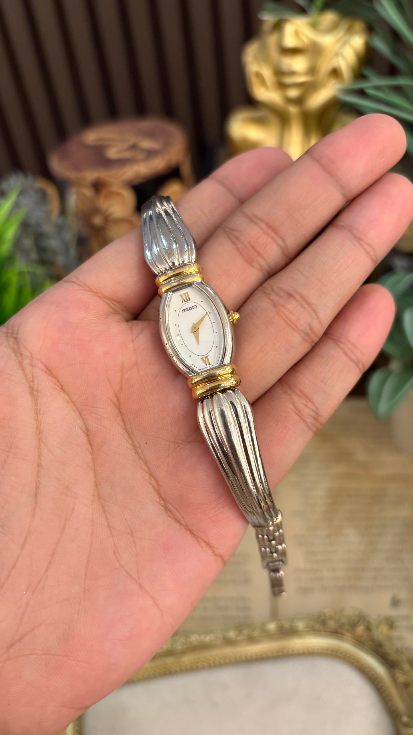 Rare Vintage Dainty Seiko Art Deco Bracelet Bangle Watch in Two-Tone Quartz