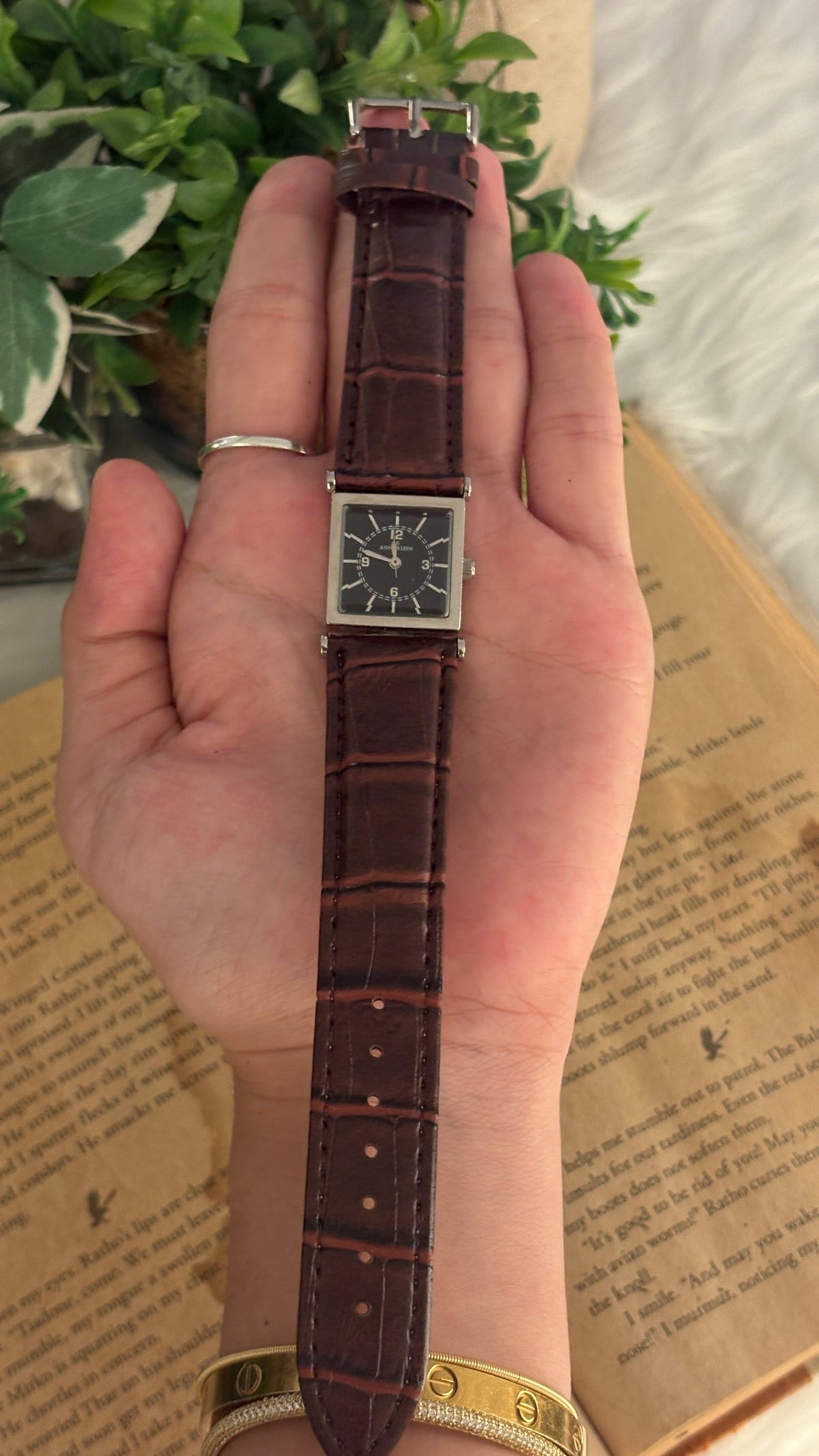 Vintage Anne Klein Black Square Dial Watch in Silver Tone Brown Leather Quartz
