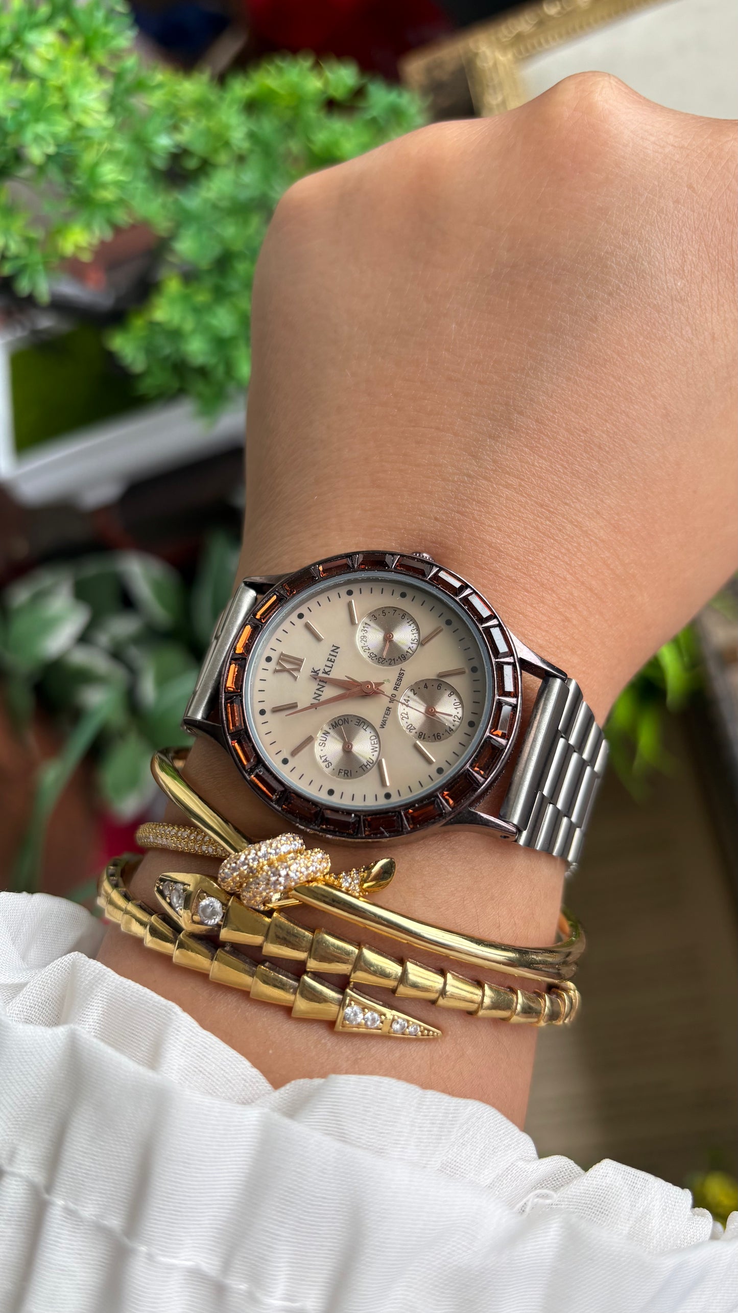 Vintage Anne Klein Bejeweled Watch in Silver Tone Display Chrono Pearl Dial