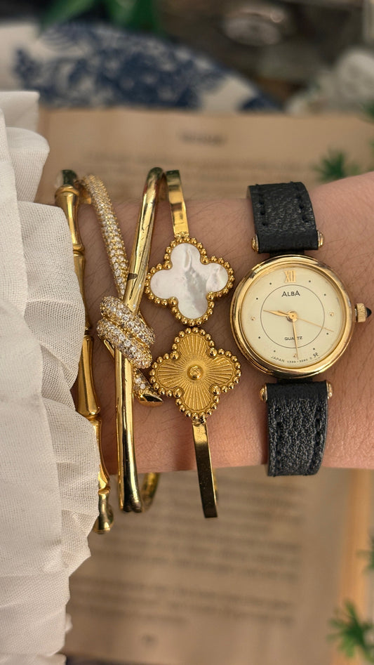 Rare Vintage Alba Cabochon Crown Elegant Watch in Gold Tone Black Leather Quartz
