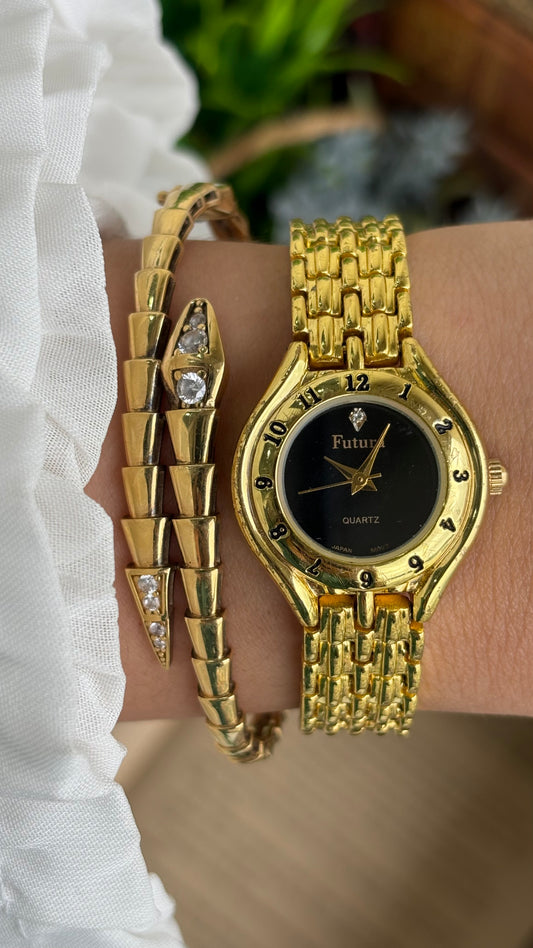 Vintage Futura Numbered Bezel Black Dial Watch in Gold Tone