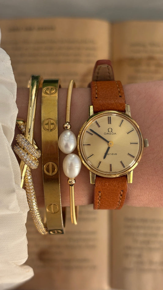 Rare Vintage Omega Geneve Swiss Watch in Gold Tone Brown Leather Quartz
