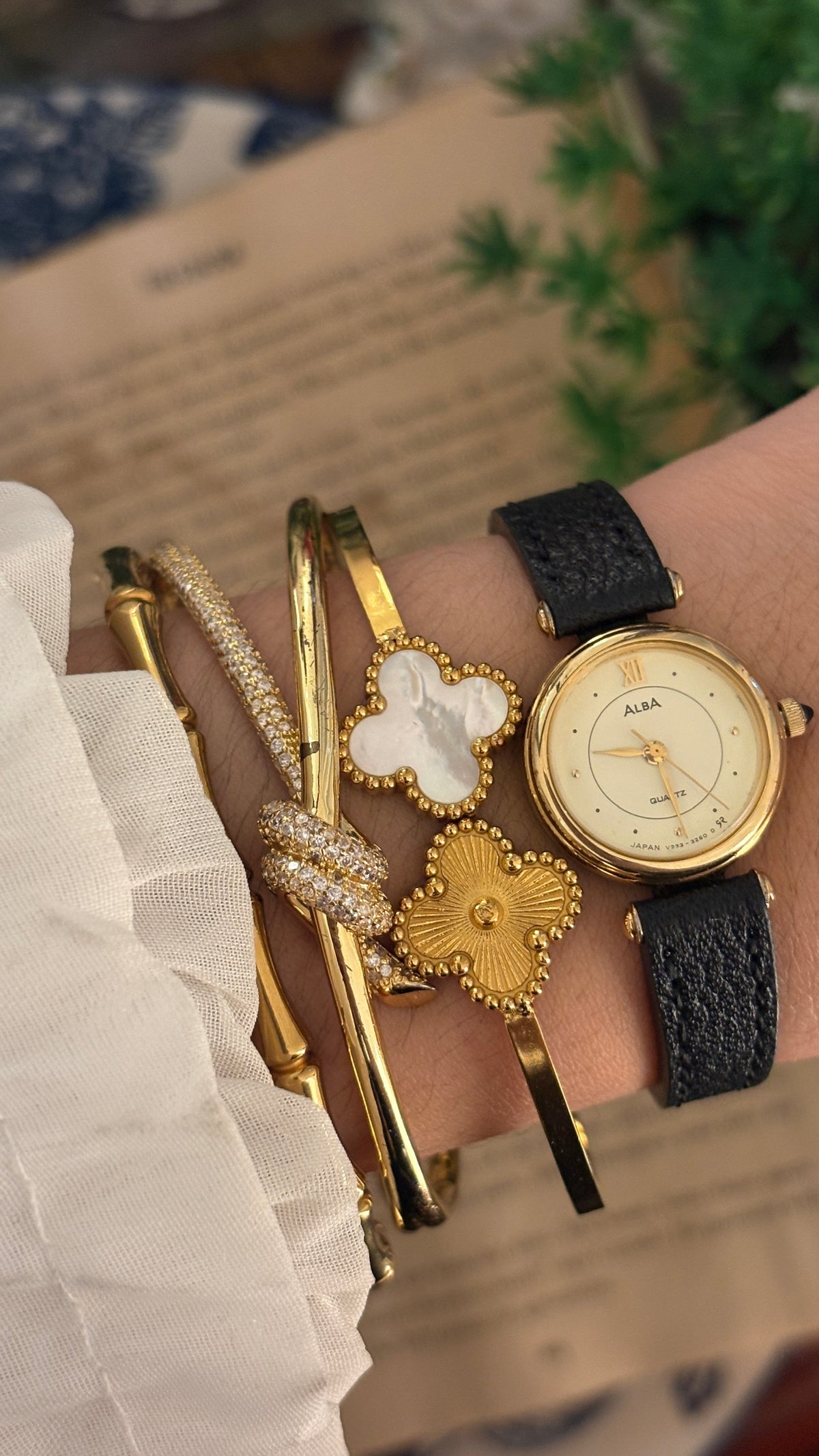 Rare Vintage Alba Cabochon Crown Elegant Watch in Gold Tone Black Leather Quartz