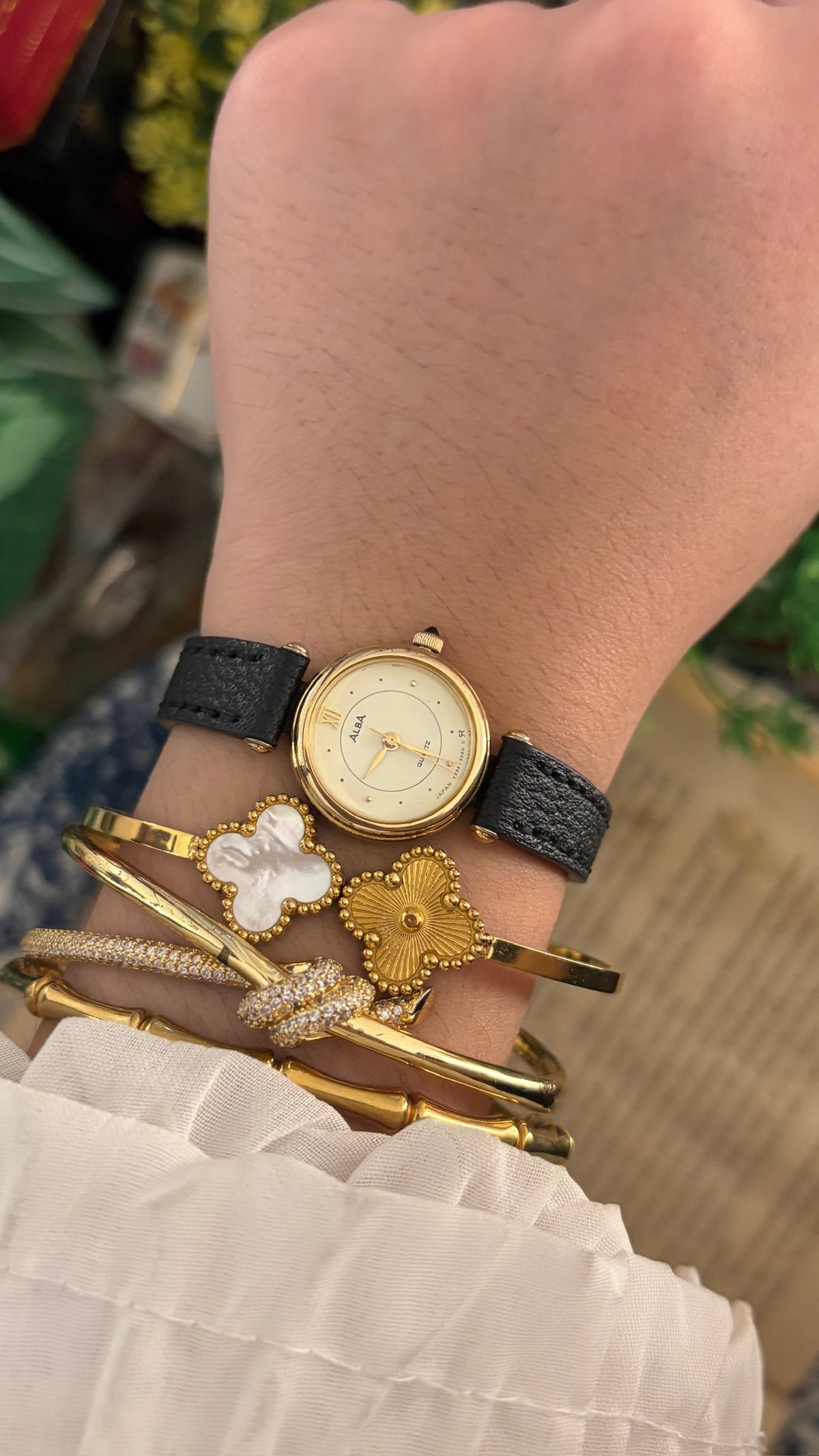 Rare Vintage Alba Cabochon Crown Elegant Watch in Gold Tone Black Leather Quartz