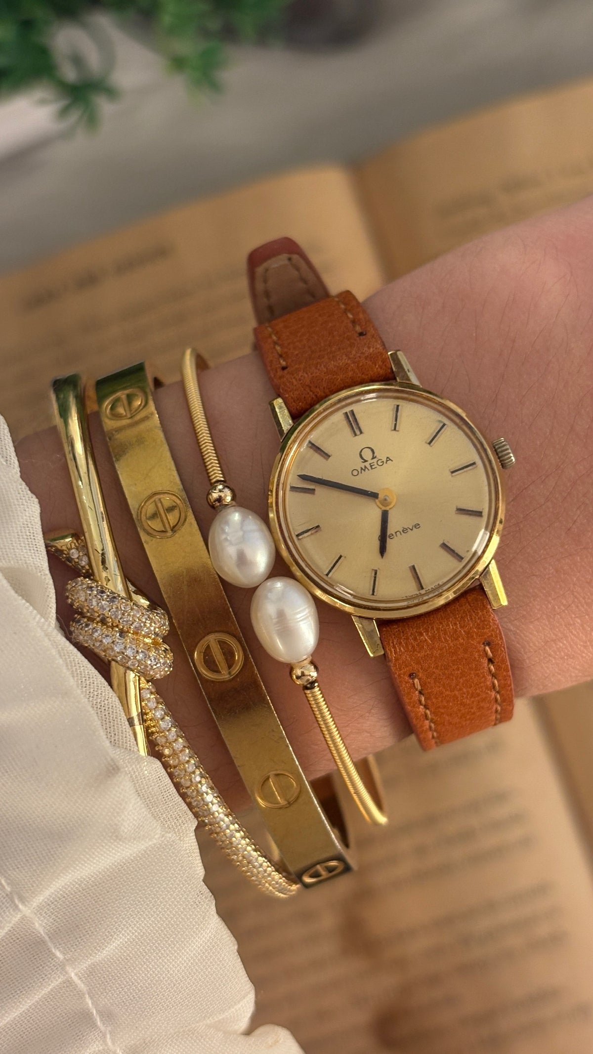 Rare Vintage Omega Geneve Swiss Watch in Gold Tone Brown Leather Quartz