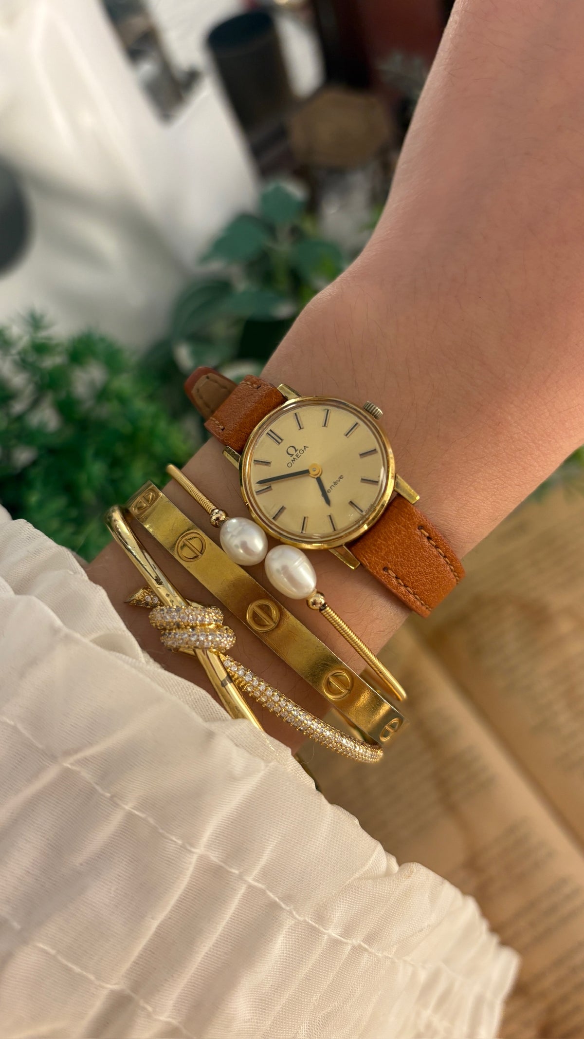 Rare Vintage Omega Geneve Swiss Watch in Gold Tone Brown Leather Quartz