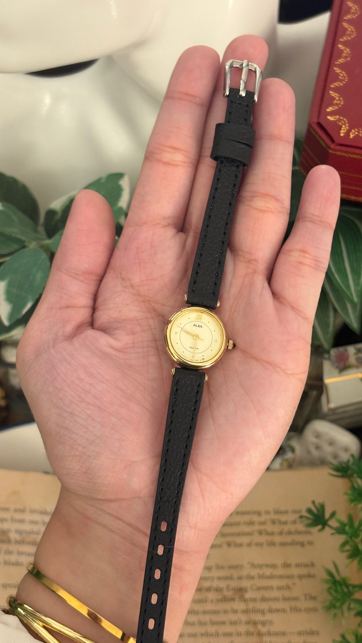 Rare Vintage Alba Cabochon Crown Elegant Watch in Gold Tone Black Leather Quartz