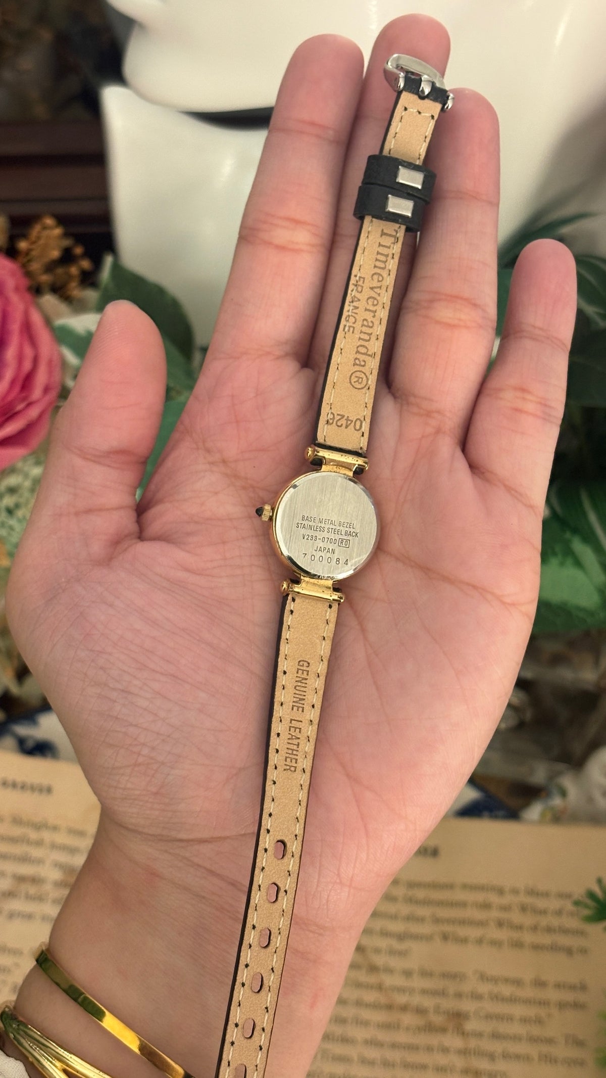 Rare Vintage Alba Cabochon Crown Elegant Watch in Gold Tone Black Leather Quartz