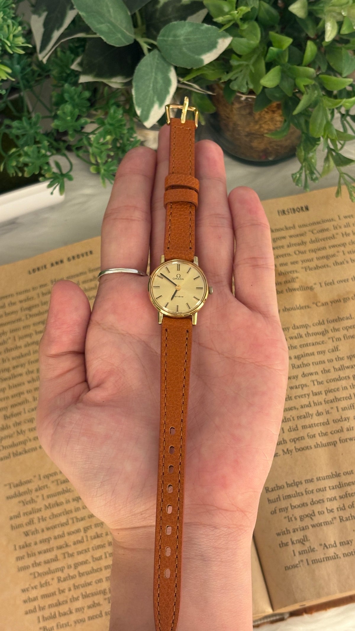 Rare Vintage Omega Geneve Swiss Watch in Gold Tone Brown Leather Quartz