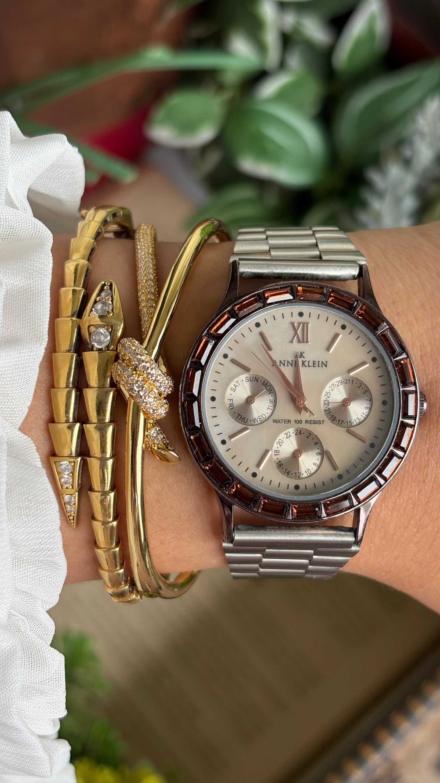 Vintage Anne Klein Bejeweled Watch in Silver Tone Display Chrono Pearl Dial