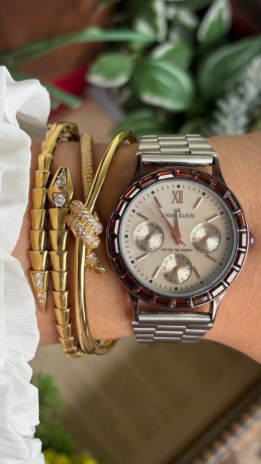 Vintage Anne Klein Bejeweled Watch in Silver Tone Display Chrono Pearl Dial