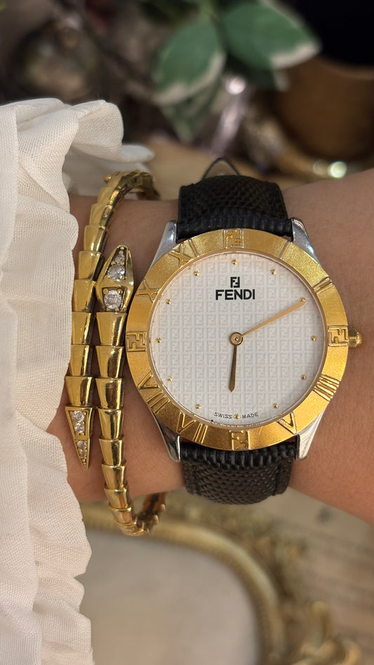 Extremely Rare Vintage Fendi Orology Swiss 2000G Watch in Gold Tone Black Leather Monogram Dial Quartz