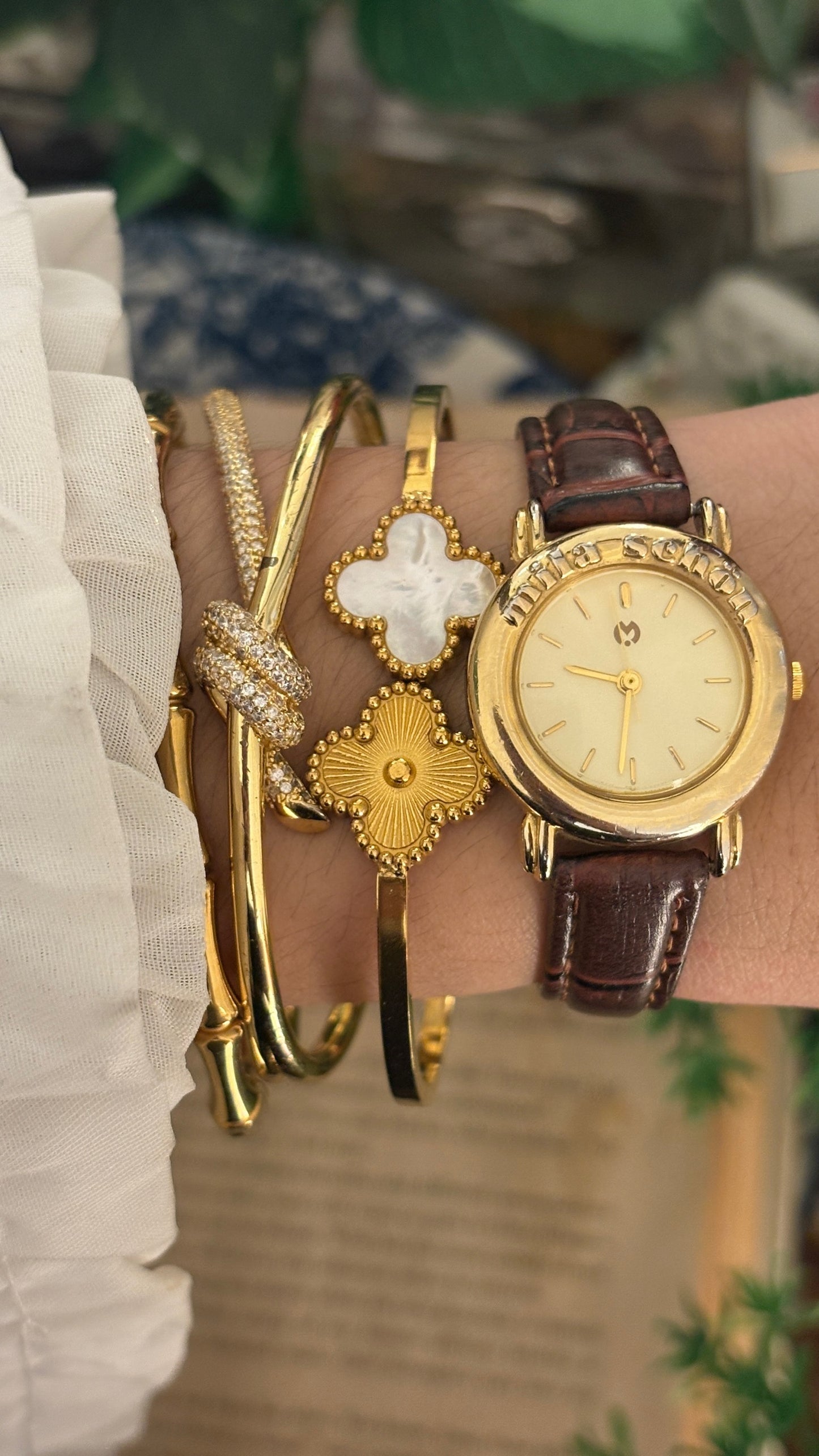 Vintage Mila Schon Minimalist Watch in Gold Tone Brown Leather Quartz