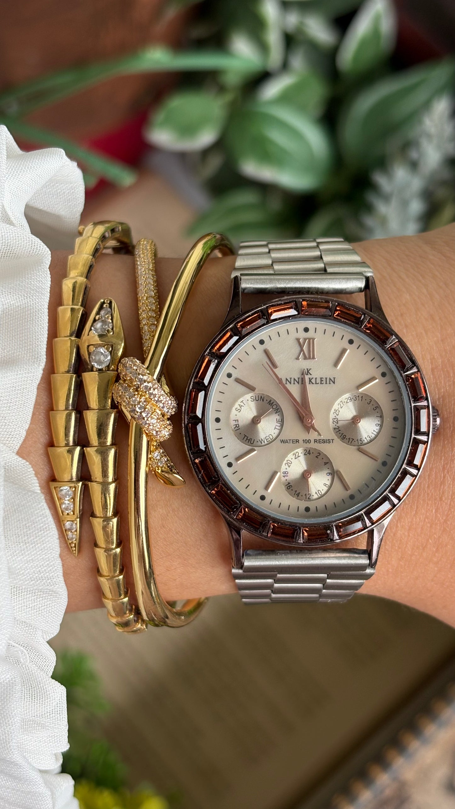 Vintage Anne Klein Bejeweled Watch in Silver Tone Display Chrono Pearl Dial