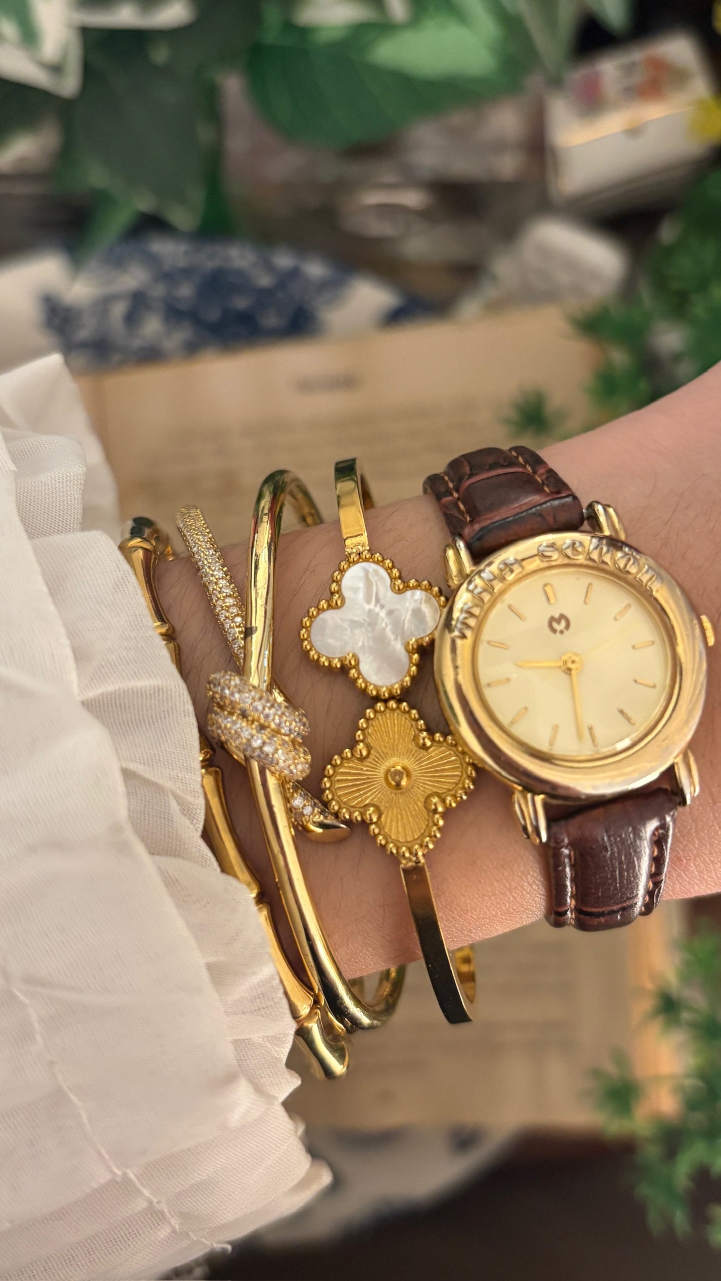 Vintage Mila Schon Minimalist Watch in Gold Tone Brown Leather Quartz
