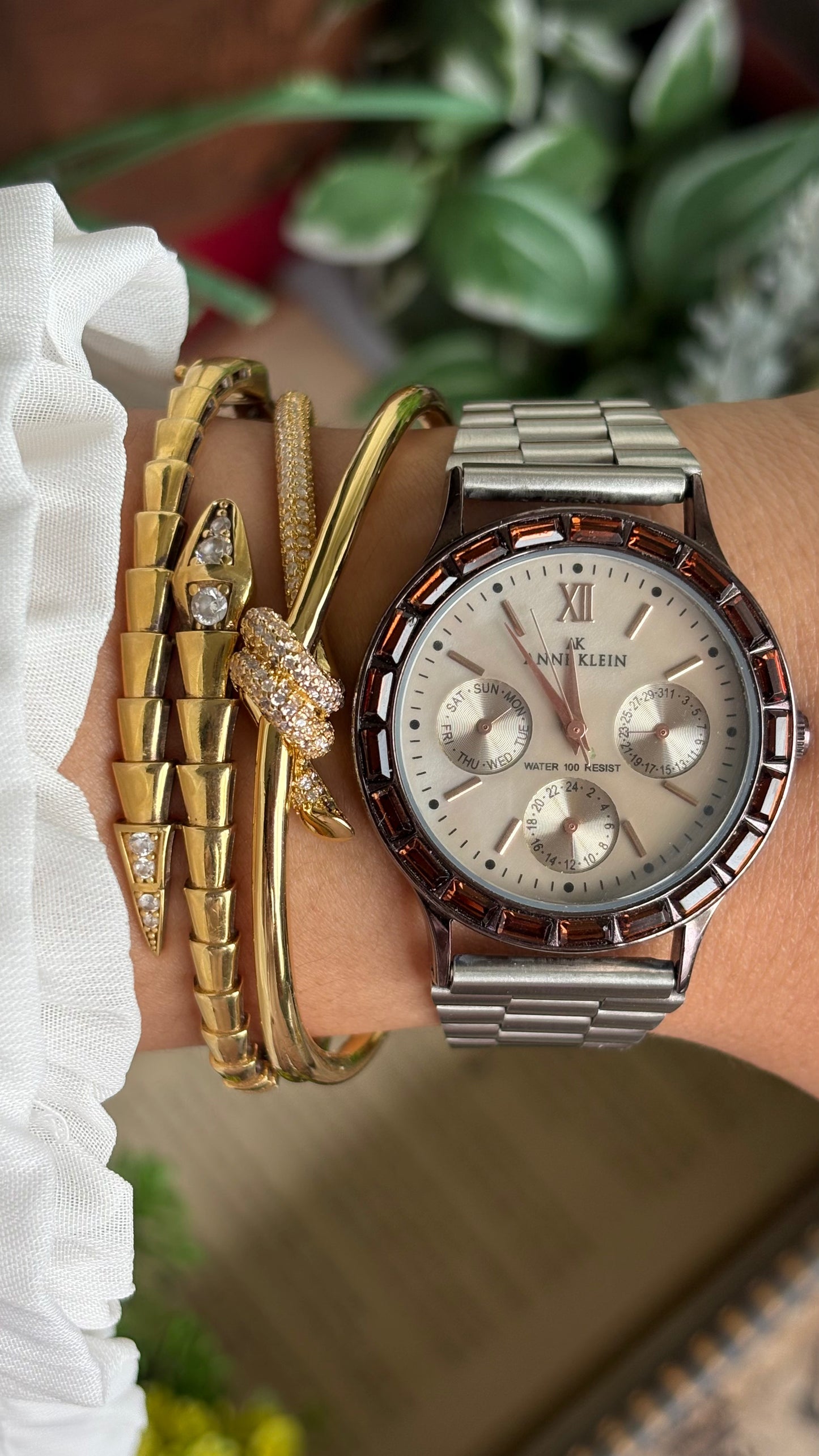 Vintage Anne Klein Bejeweled Watch in Silver Tone Display Chrono Pearl Dial