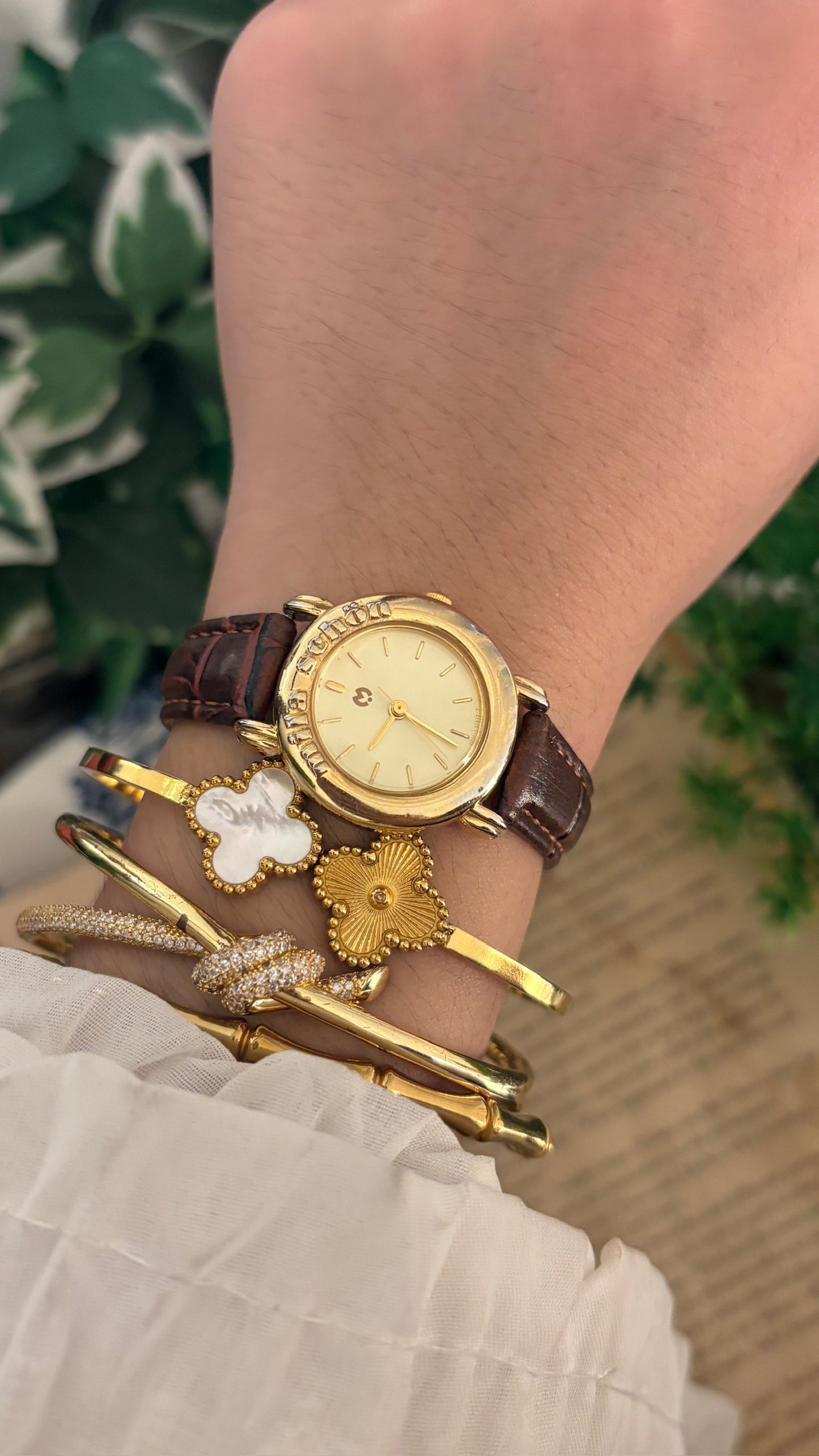 Vintage Mila Schon Minimalist Watch in Gold Tone Brown Leather Quartz