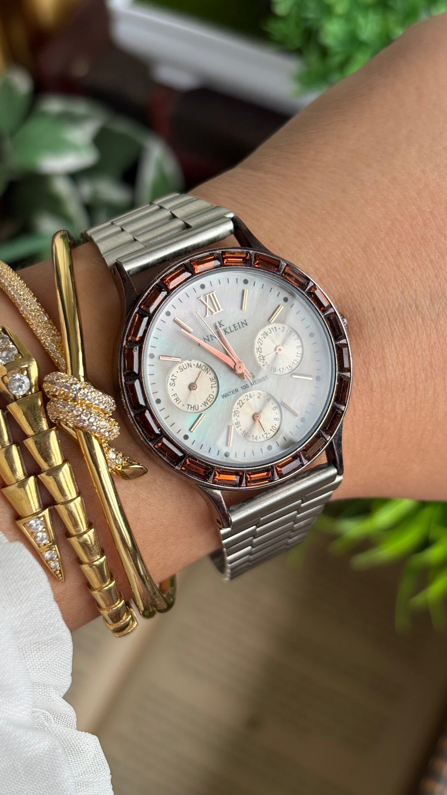 Vintage Anne Klein Bejeweled Watch in Silver Tone Display Chrono Pearl Dial
