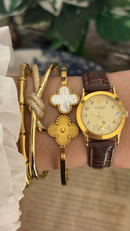 Rare Vintage Sandoz Dual Chrono Seconds Date Window Watch in Gold Tone Brown Leather Quartz