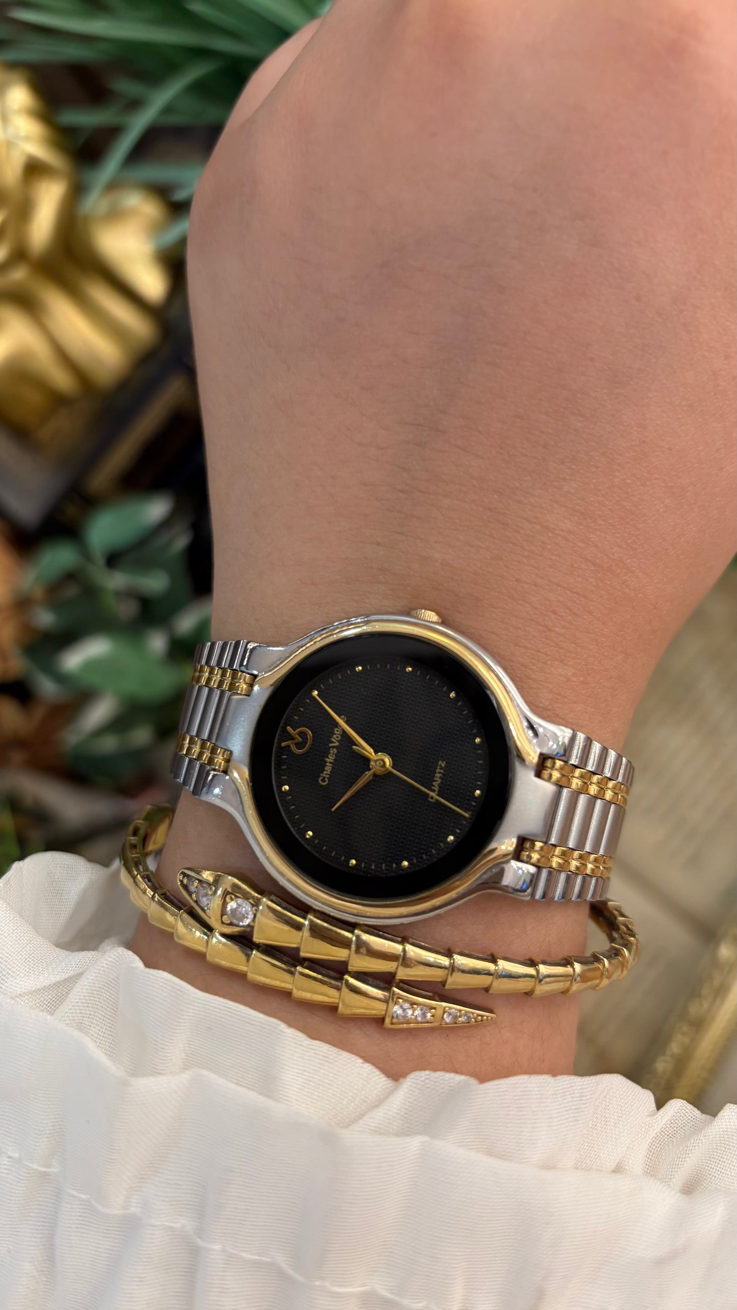 Vintage Elegant Charles Vogele Mens Classic Watch in Two-Tone Black Dial Quartz