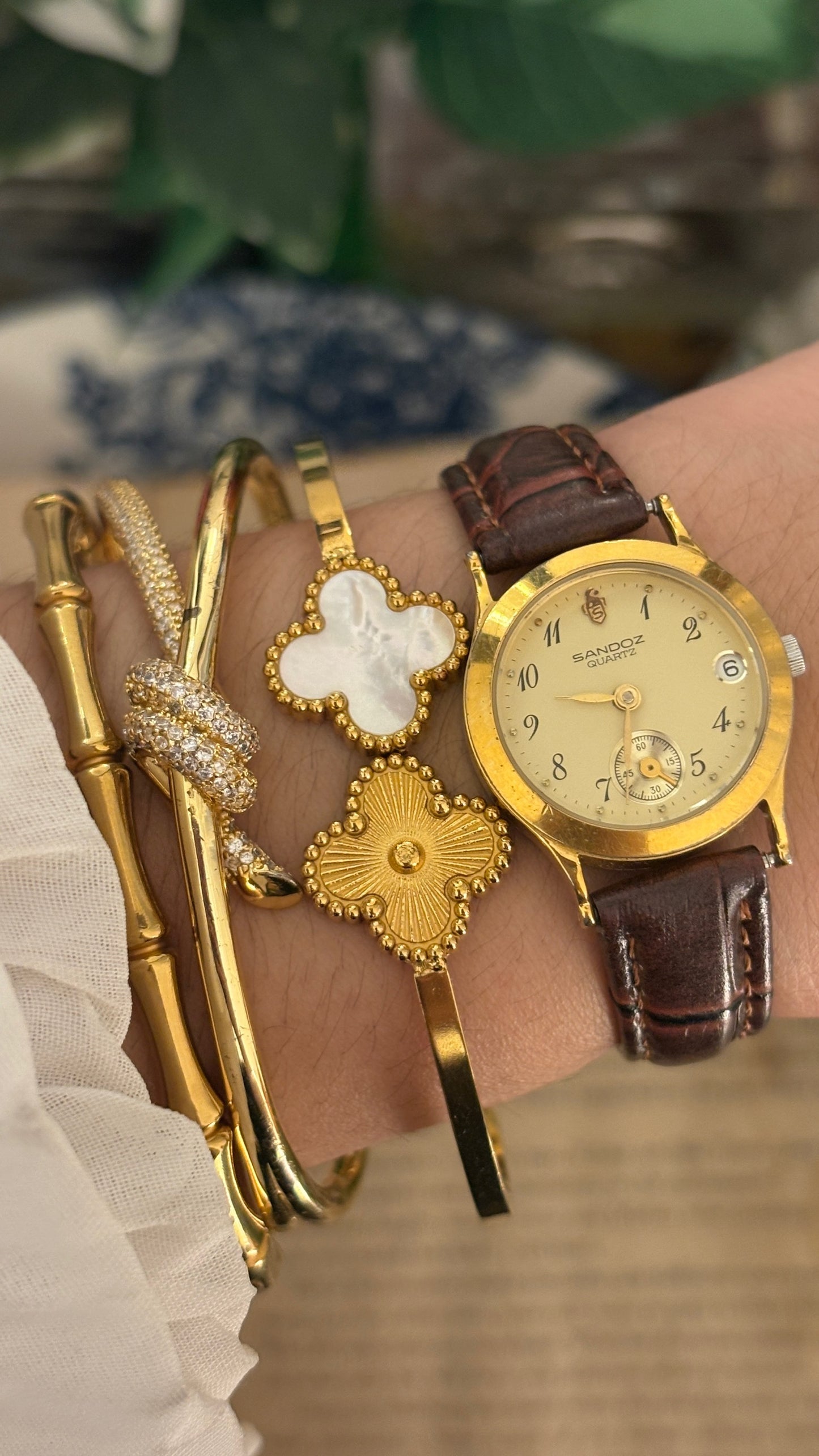 Rare Vintage Sandoz Dual Chrono Seconds Date Window Watch in Gold Tone Brown Leather Quartz