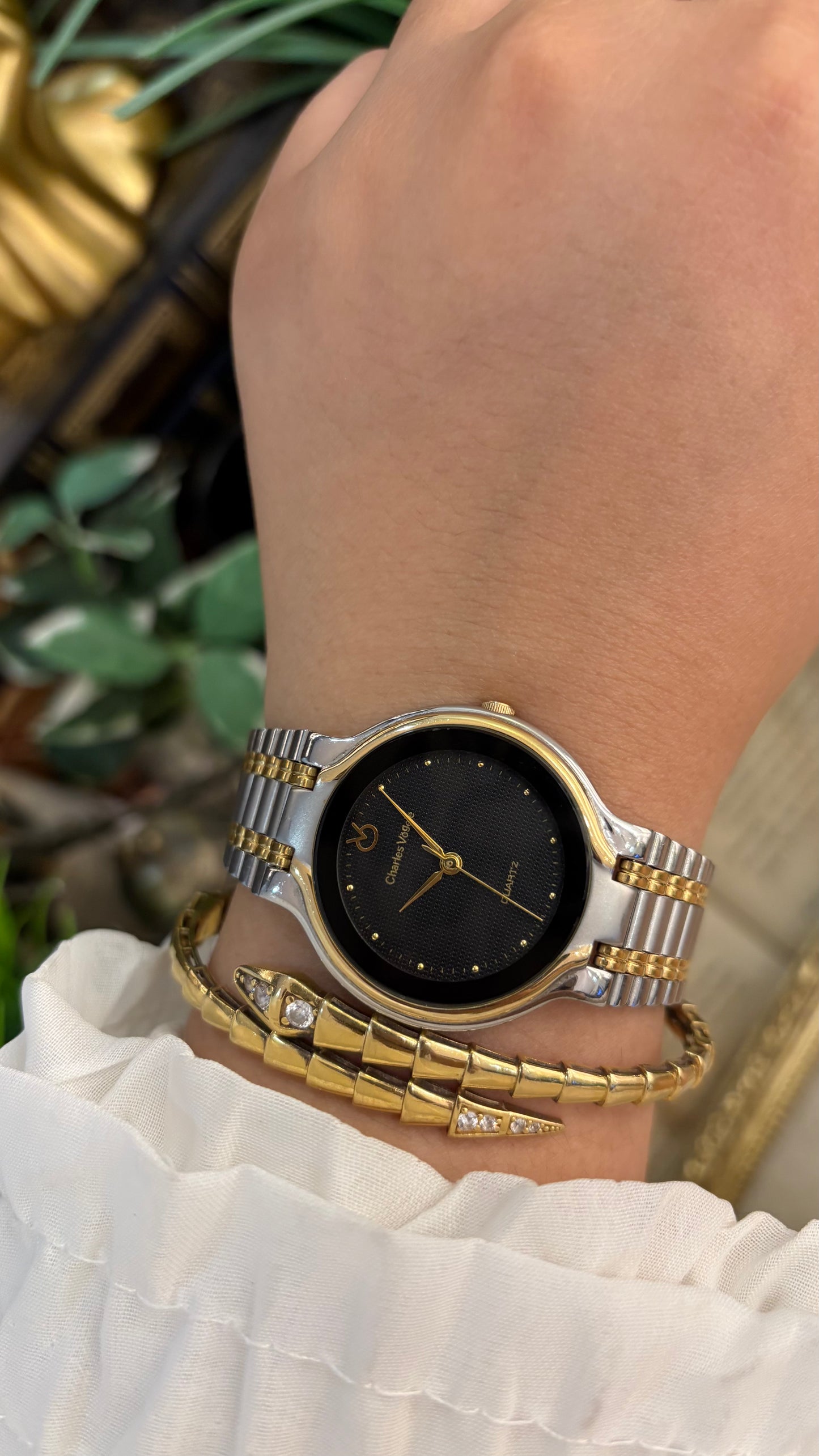 Vintage Elegant Charles Vogele Mens Classic Watch in Two-Tone Black Dial Quartz