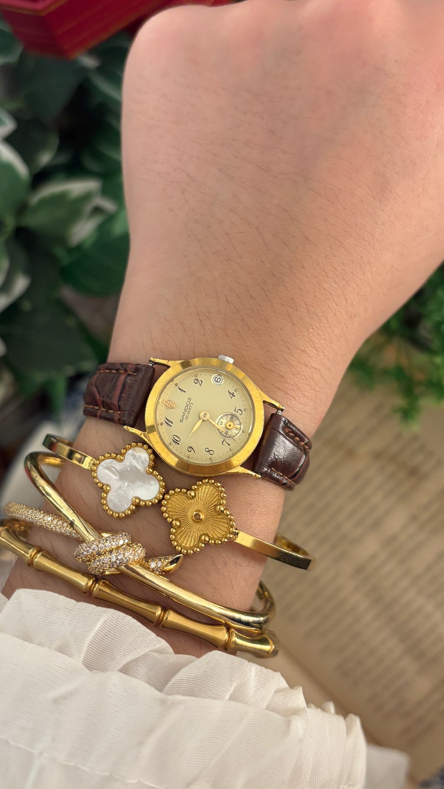 Rare Vintage Sandoz Dual Chrono Seconds Date Window Watch in Gold Tone Brown Leather Quartz