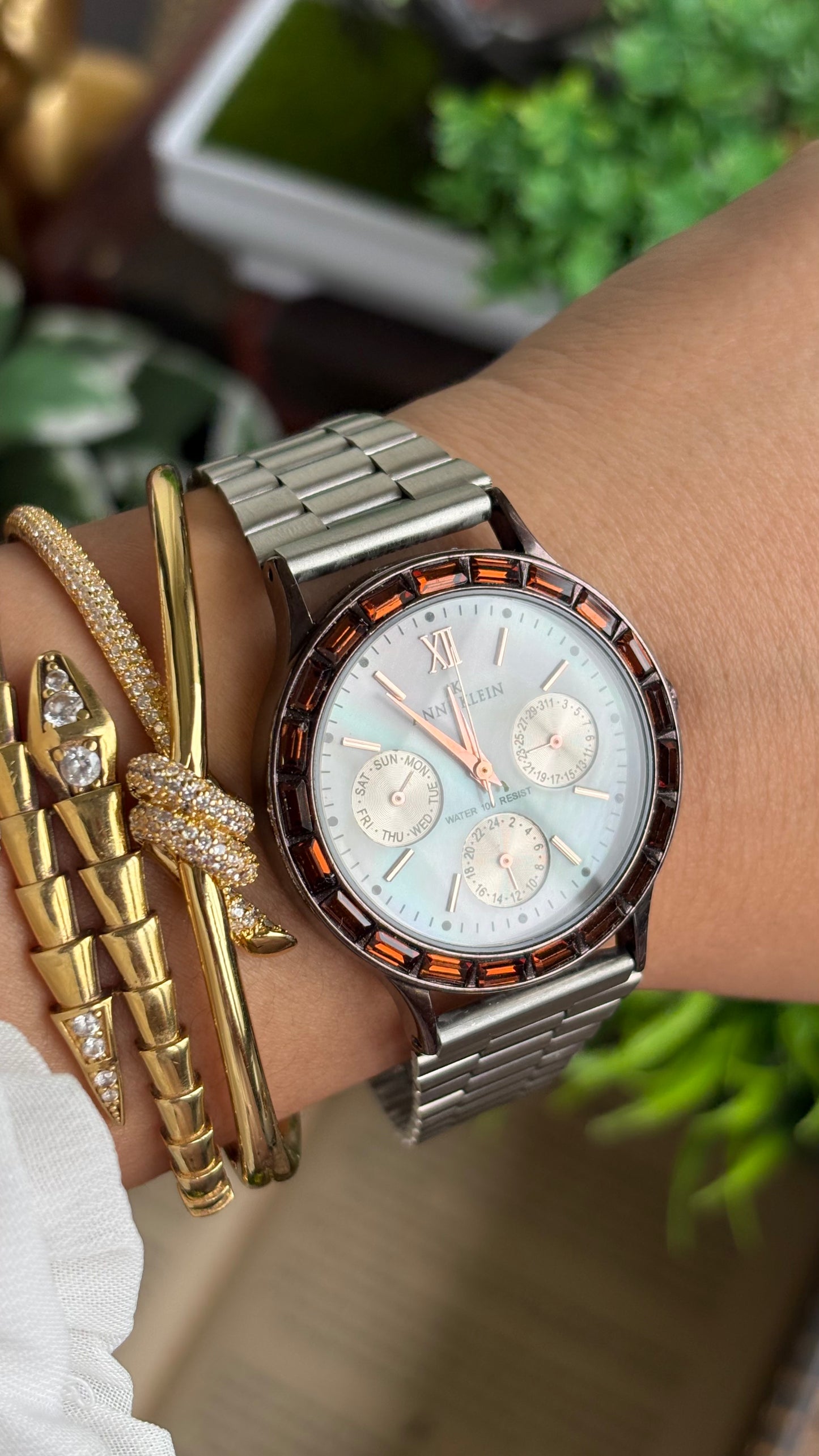 Vintage Anne Klein Bejeweled Watch in Silver Tone Display Chrono Pearl Dial