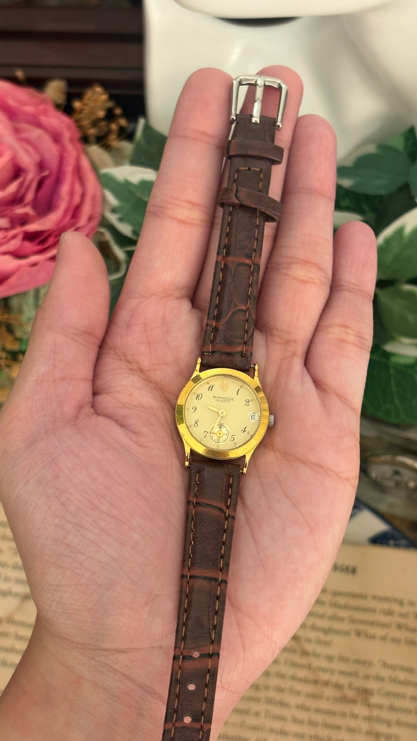 Rare Vintage Sandoz Dual Chrono Seconds Date Window Watch in Gold Tone Brown Leather Quartz