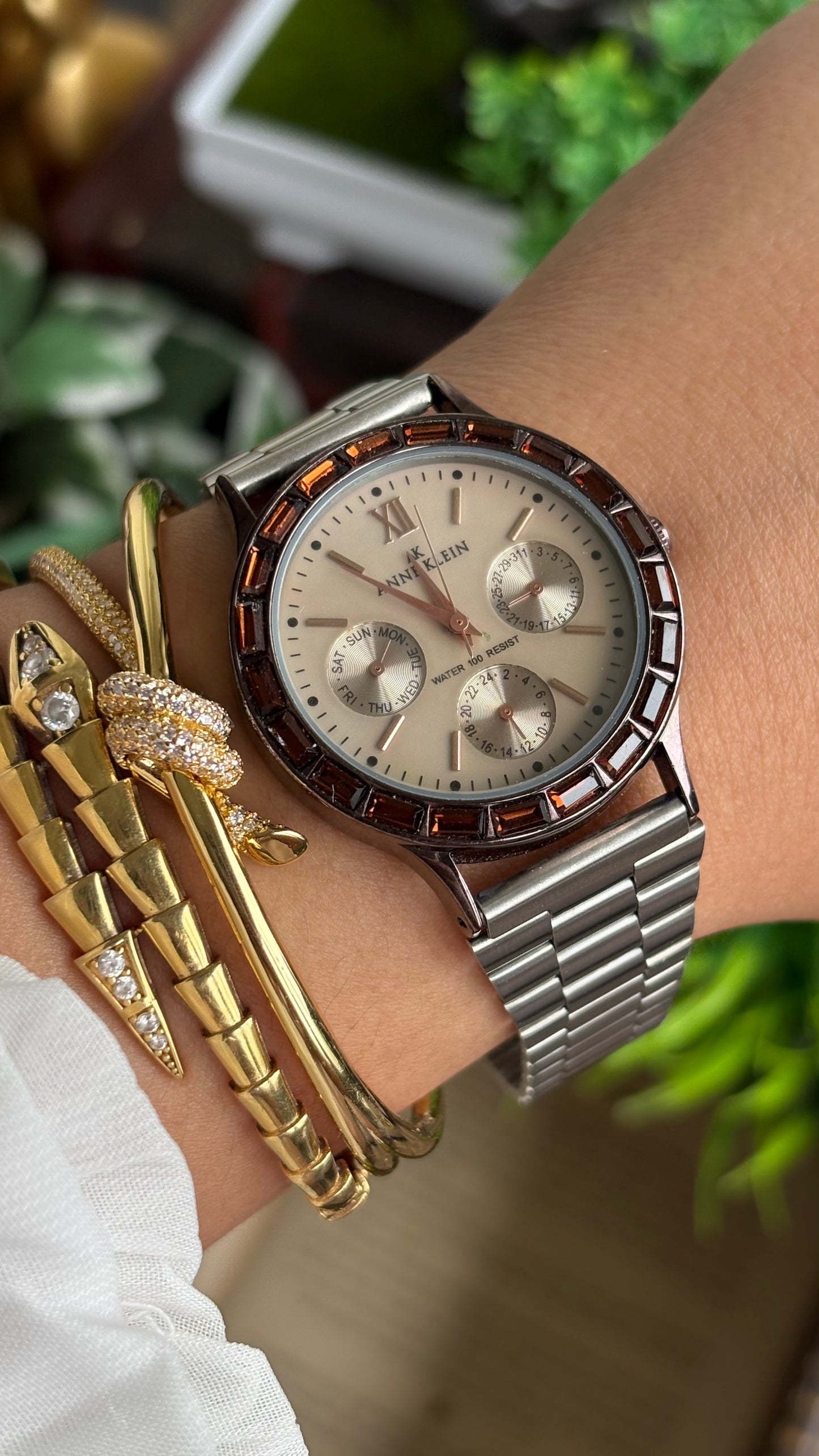 Vintage Anne Klein Bejeweled Watch in Silver Tone Display Chrono Pearl Dial