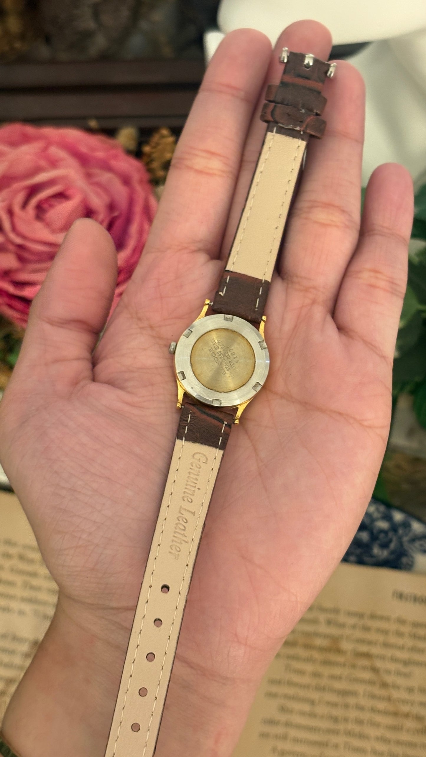 Rare Vintage Sandoz Dual Chrono Seconds Date Window Watch in Gold Tone Brown Leather Quartz