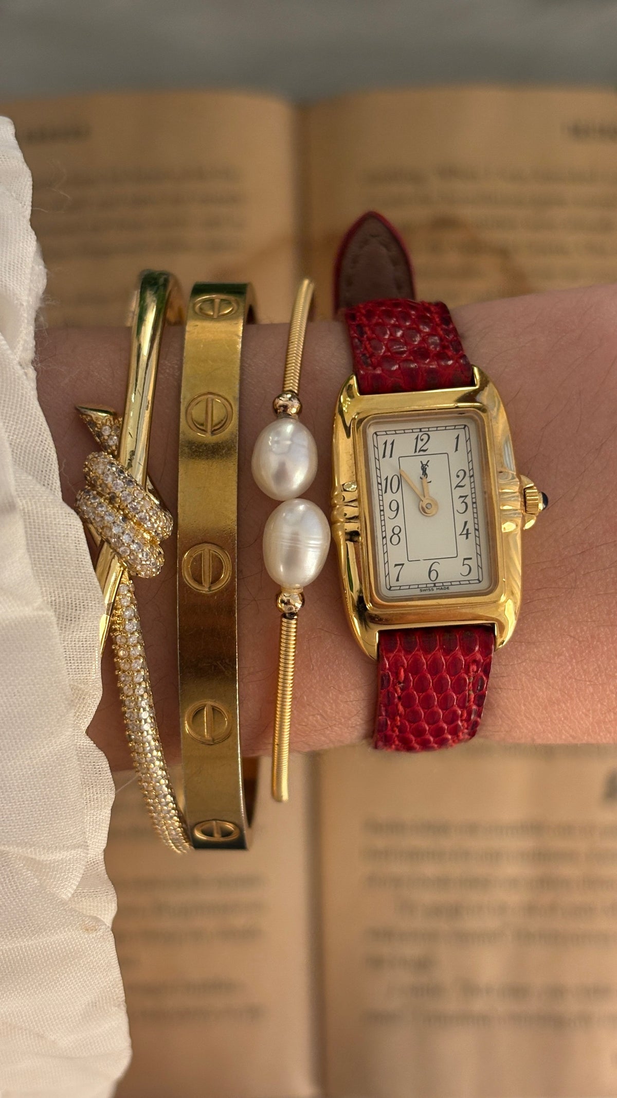 Rare Vintage Yves Saint Laurent Swiss Tank Watch in Gold Tone Red Leather Quartz