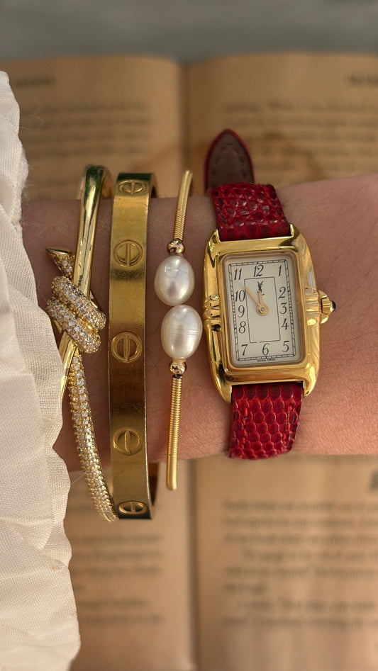 Rare Vintage Yves Saint Laurent Swiss Tank Watch in Gold Tone Red Leather Quartz