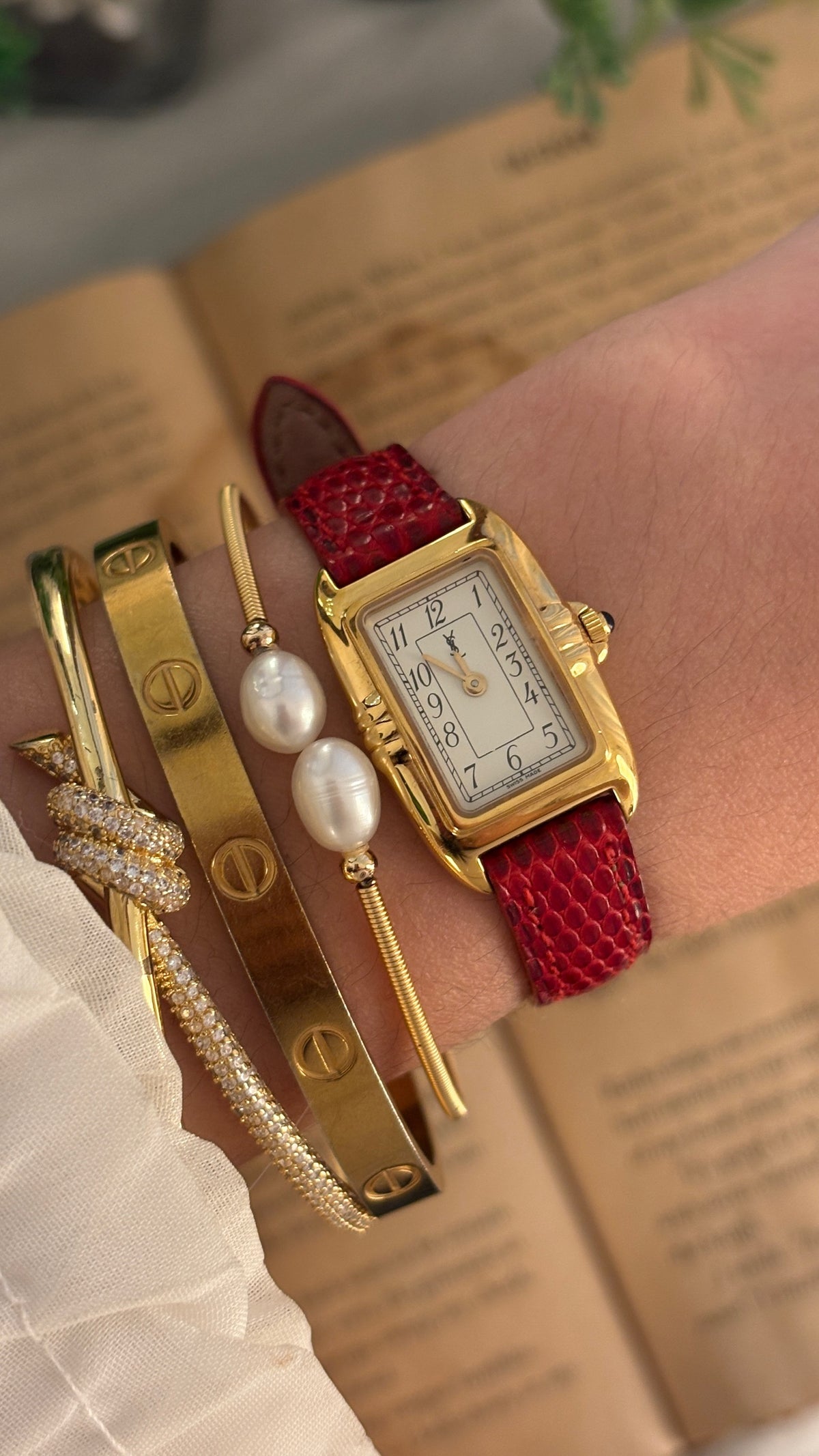 Rare Vintage Yves Saint Laurent Swiss Tank Watch in Gold Tone Red Leather Quartz